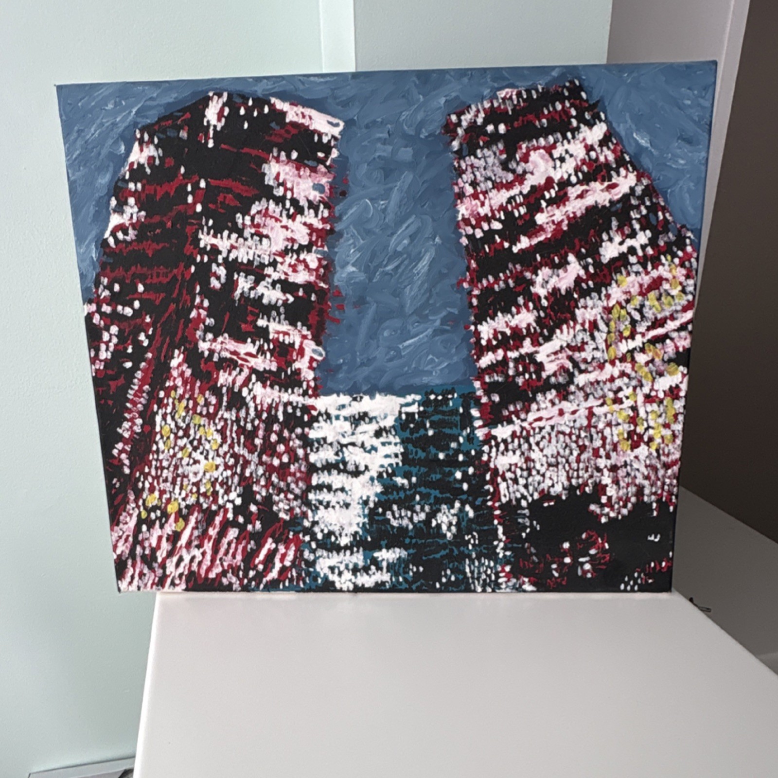 Original Abstract Oil Painting Cityscape Red White Blue Canvas Art 9/11 Tribute