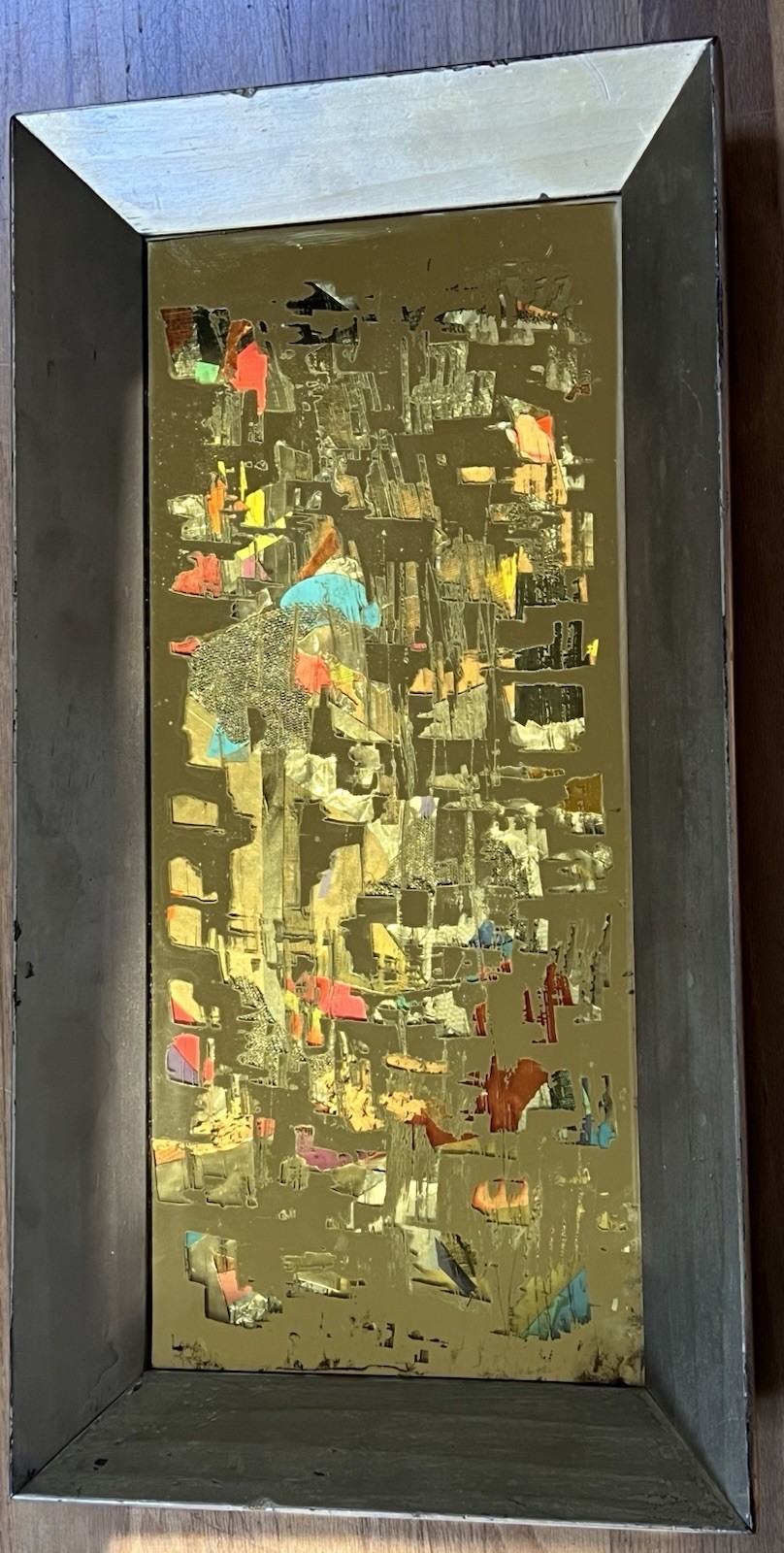 MCM Brutalist Reverse Glass Mirror Art Signed Mixed Media Wall Sculpture 25″