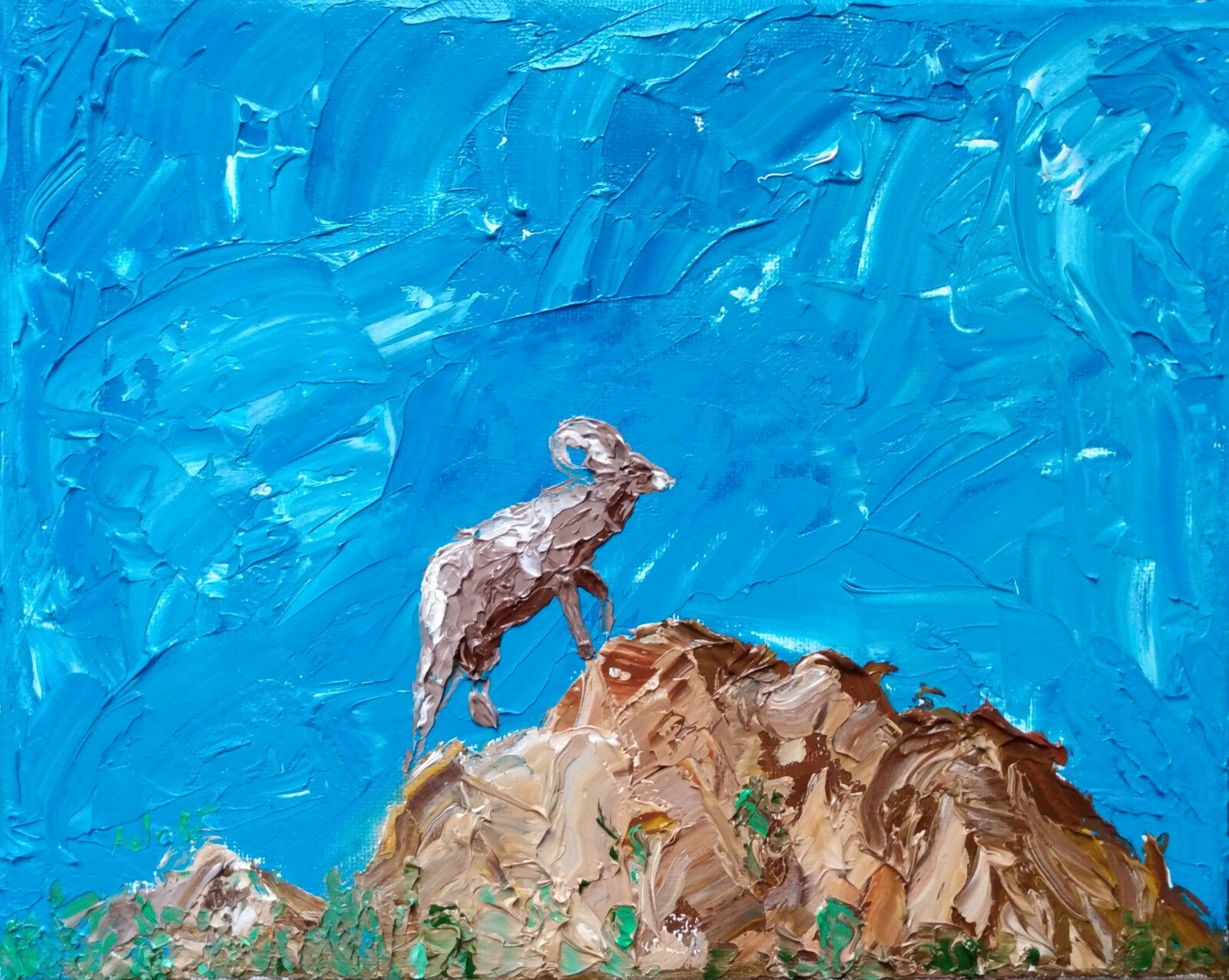 Oil Painting Sheep in Mountain Landscape Blue Sky Wildlife Animal Art by A. Joli