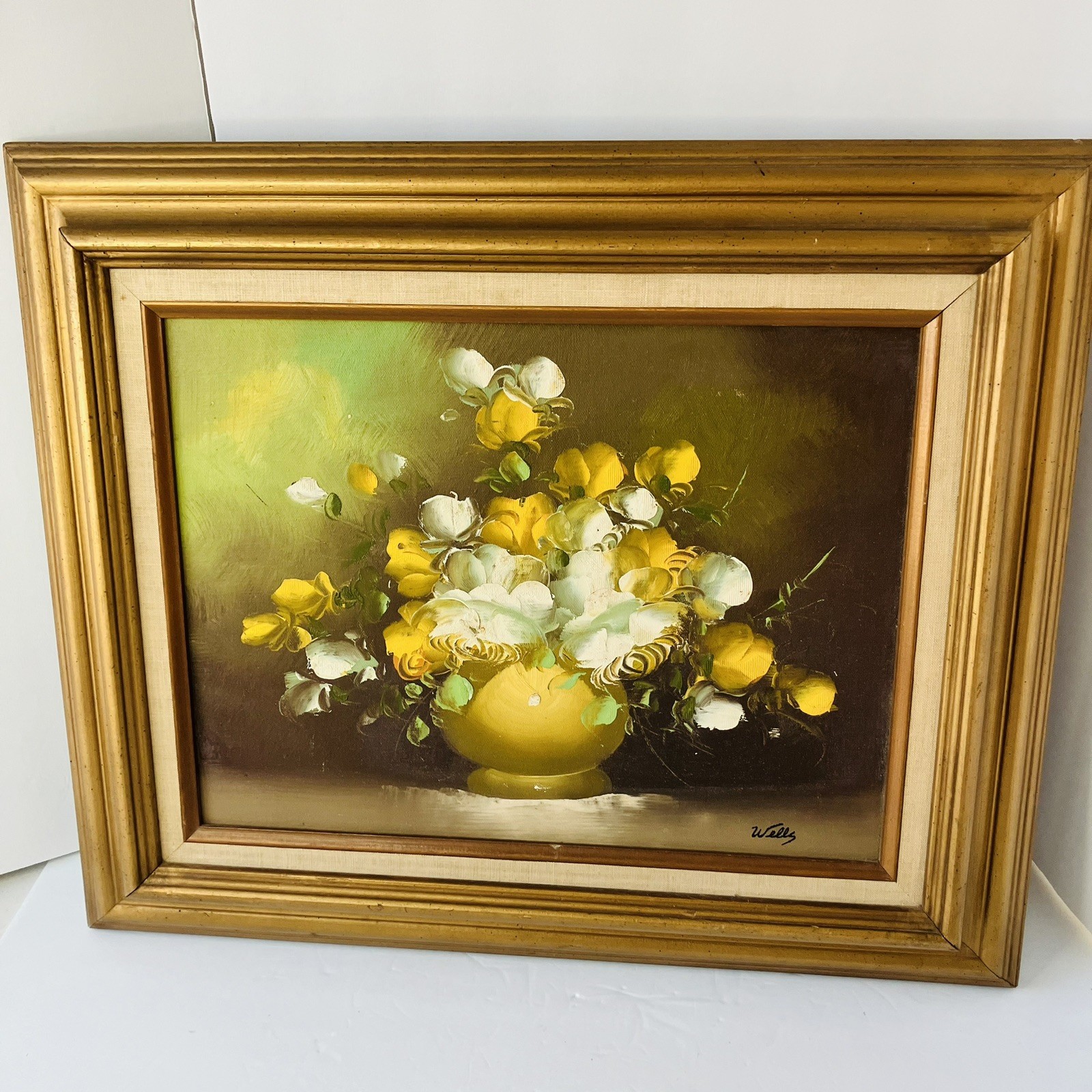 Original Oil Painting on Canvas Still Life Roses Floral Bouquet Signed Wells