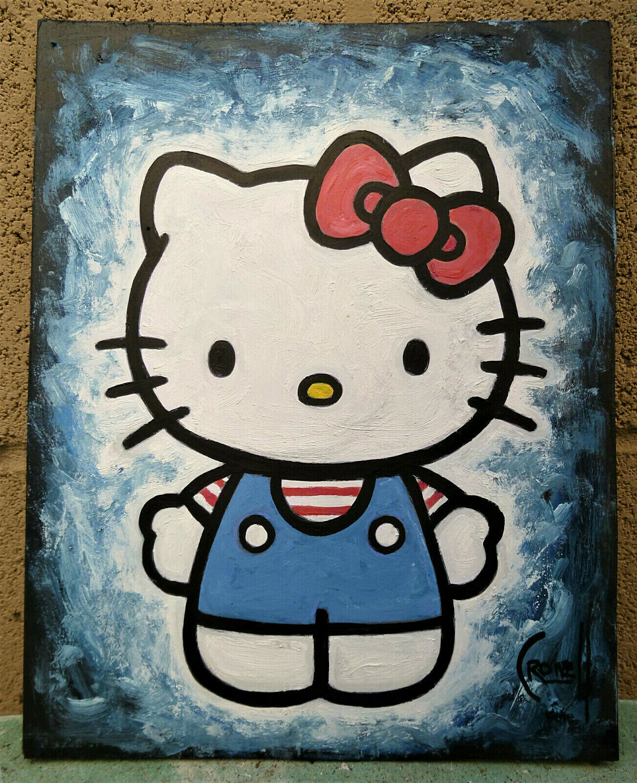 KITTY BOY art NEW painting 8×10 wood cat hello cartoon original signed Crowell