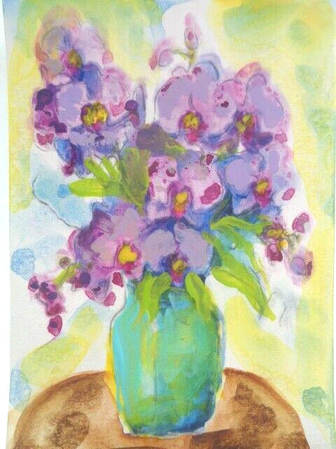 ATC ACEO – PURPLE ORCHID FLOWERS IN A VASE Still Life Painting Art