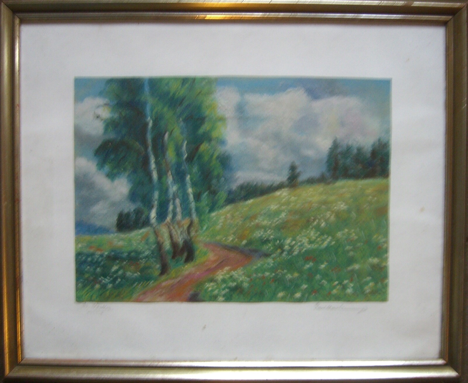 Woeller Pastel °Thunderstorm Mood Birch Landscape Nature Botany Flowers°Antique