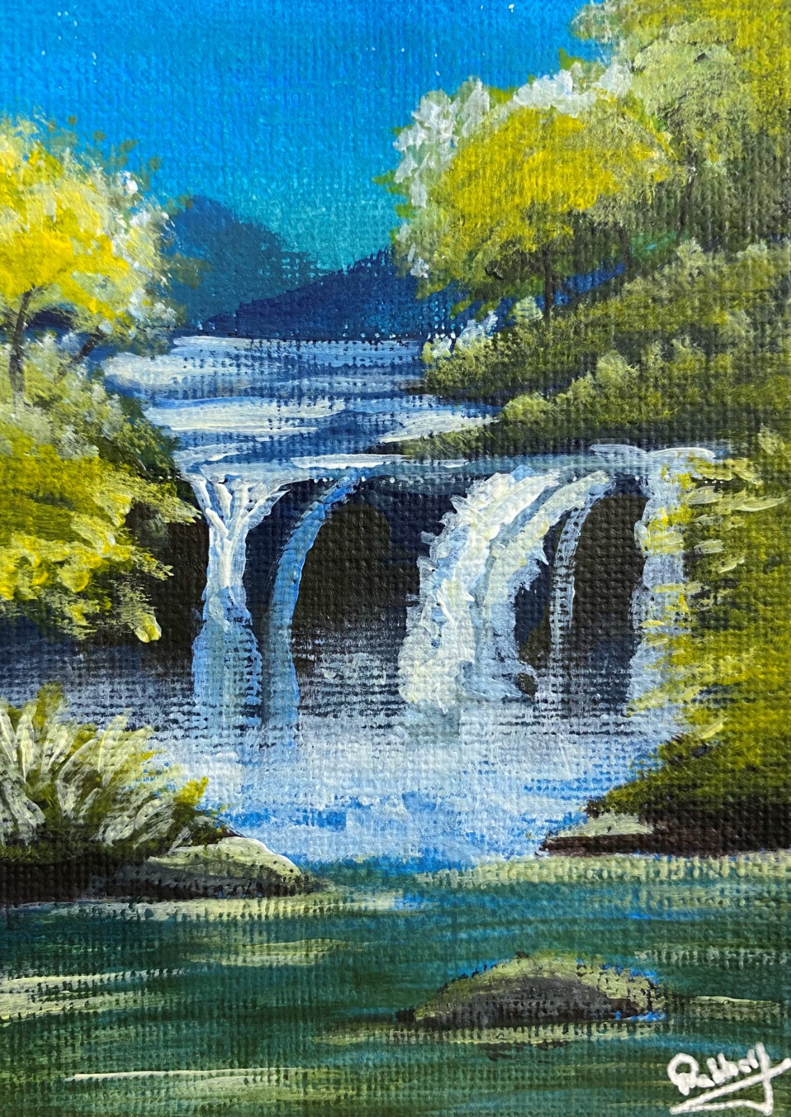 ACEO Acrylic Painting Waterfall River Trees Forest Landscape Scenic Nature Art