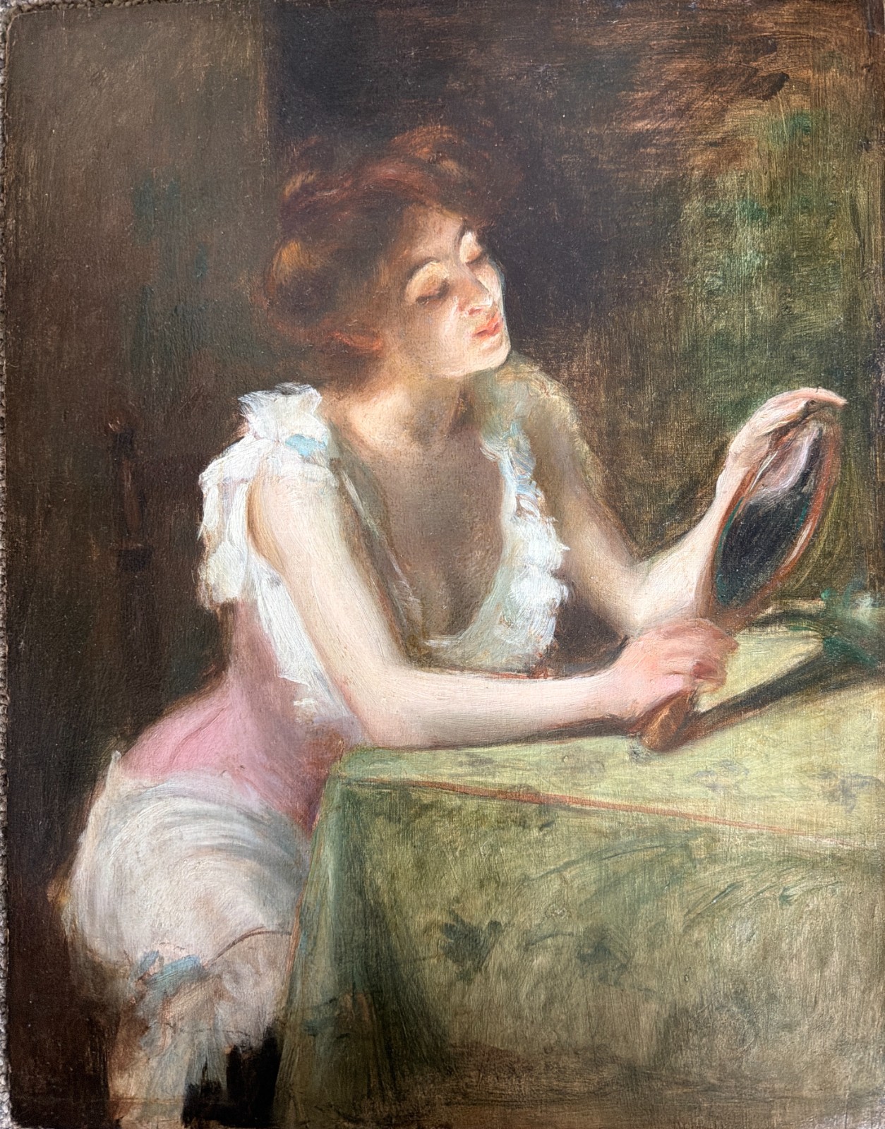 Antique French Impressionist School Oil Painting, Girl with Mirror, c 1890
