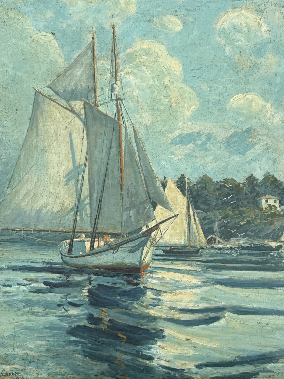 FRANK CONNER PAINTING ANTIQUE 1930’S AMERICAN REGIONALISM NAUTICAL COASTAL 20″