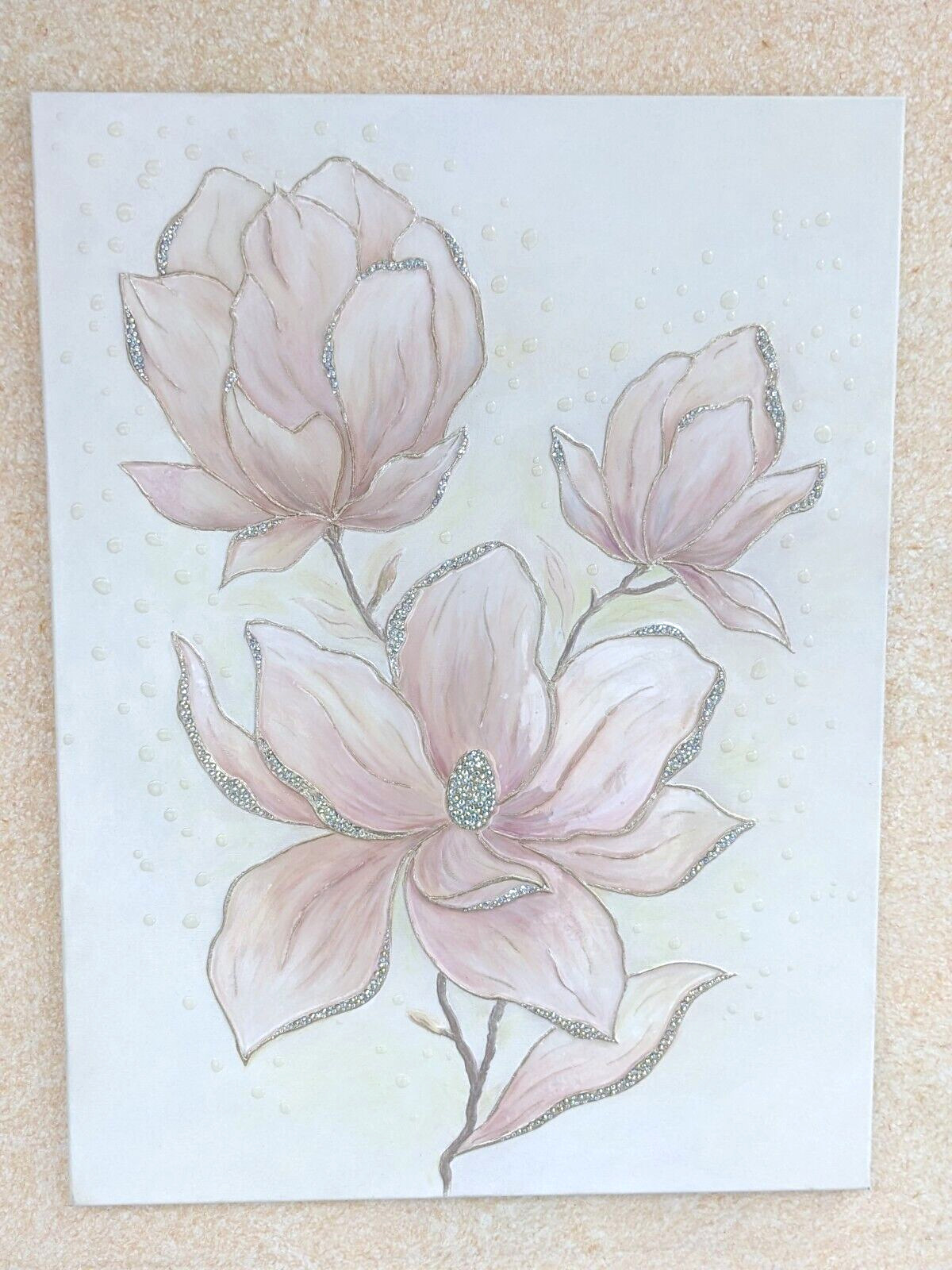 Large 3D texture magnolia painting, Pink floral wall art, Rhinestone Resin Art