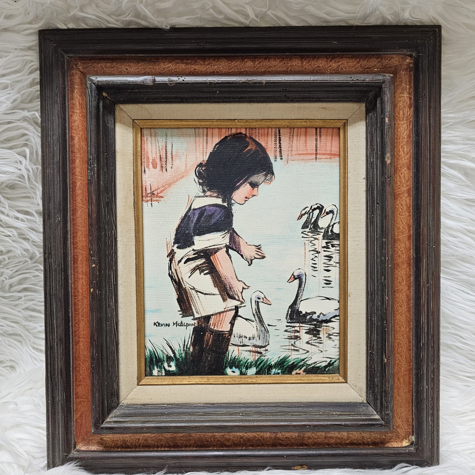 Kevin McAlpin Painting Girl With Swans Signed Wood Framed Gorgeous Vintage
