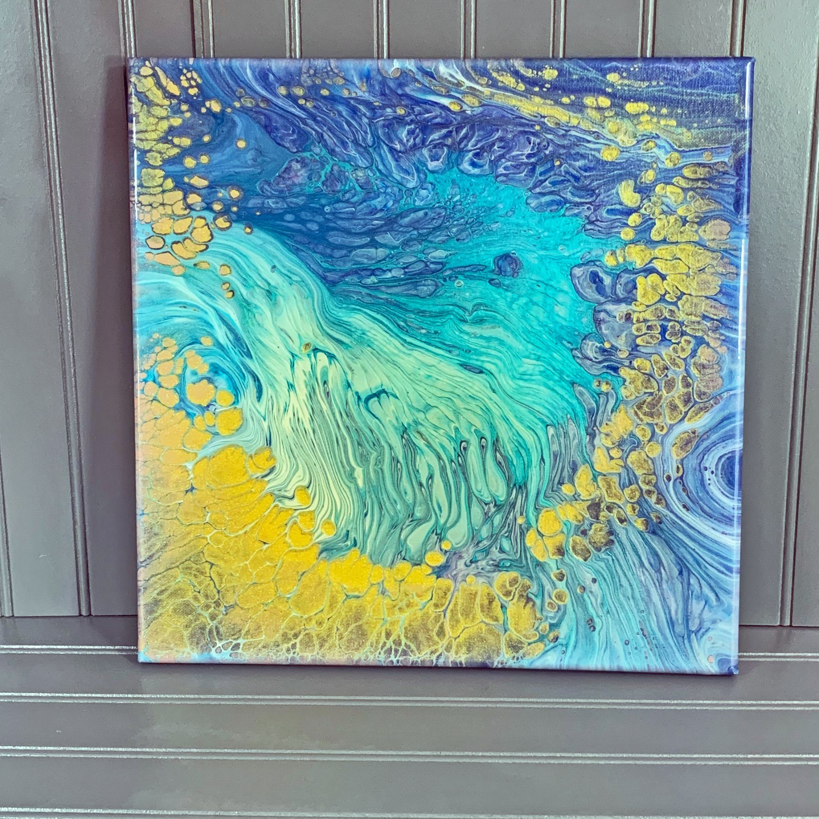14″ x 14″ Original Acrylic Pour Painting – Ocean Blues and Gold