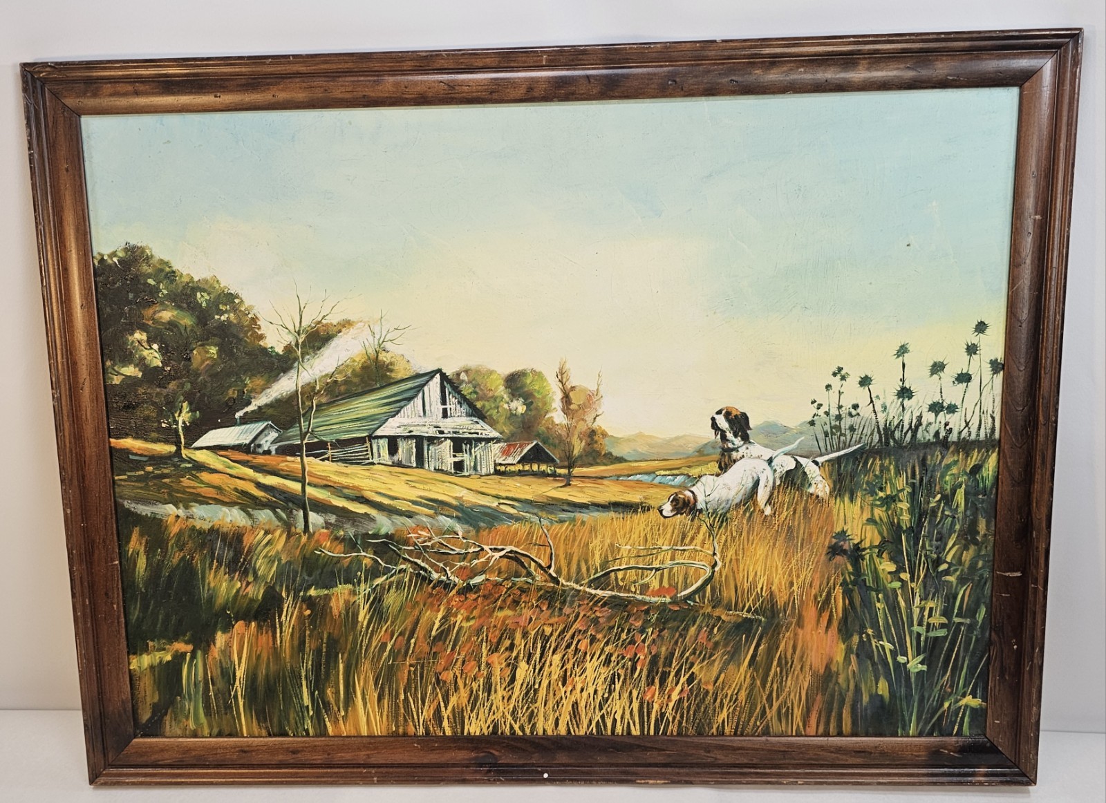Vintage Oil Painting On Board-Unknown Artist-English Pointer Dogs & Farmhouse