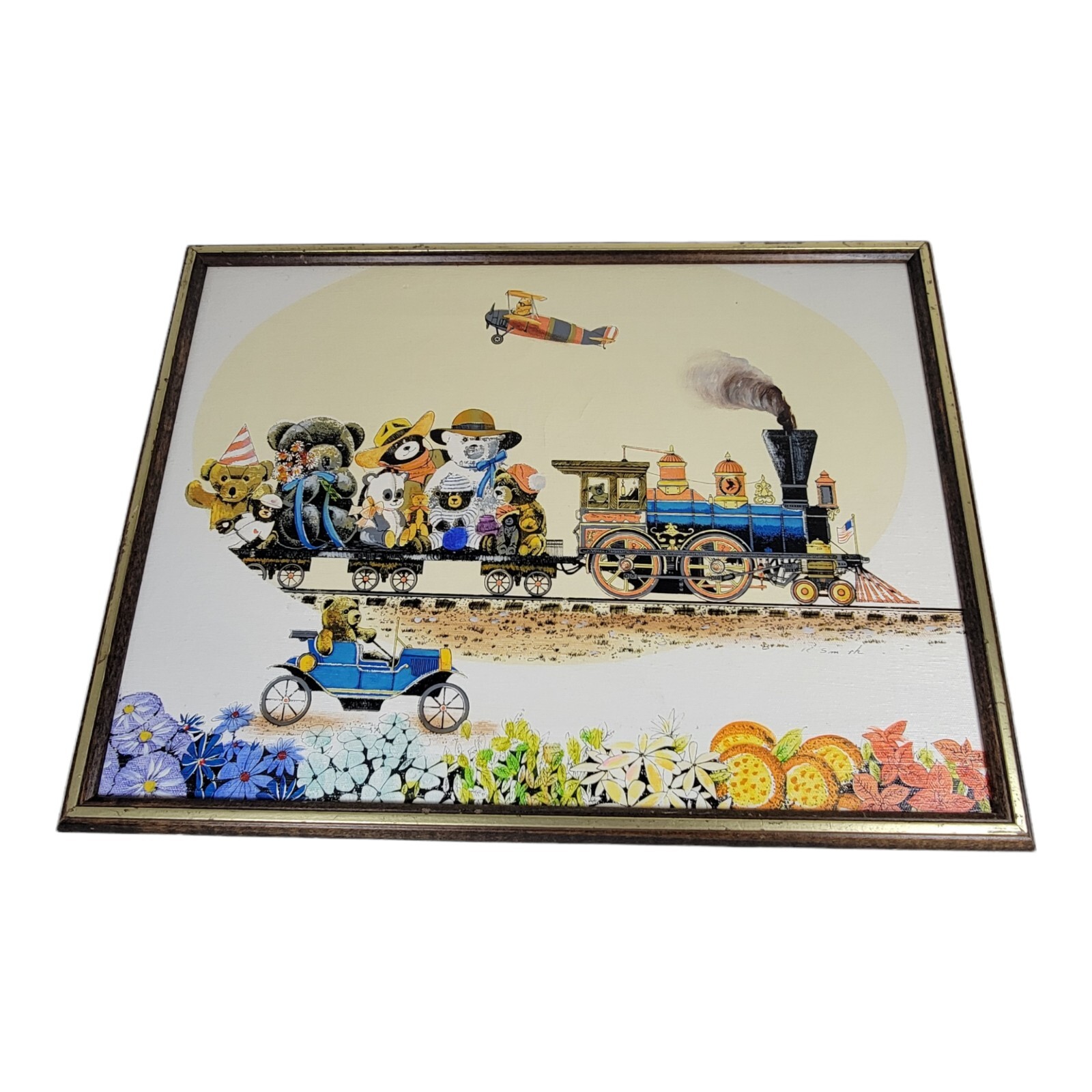 Baby Nursery Canvas Painting Teddy Bear Old Time Train Signed R. Smith Vintage