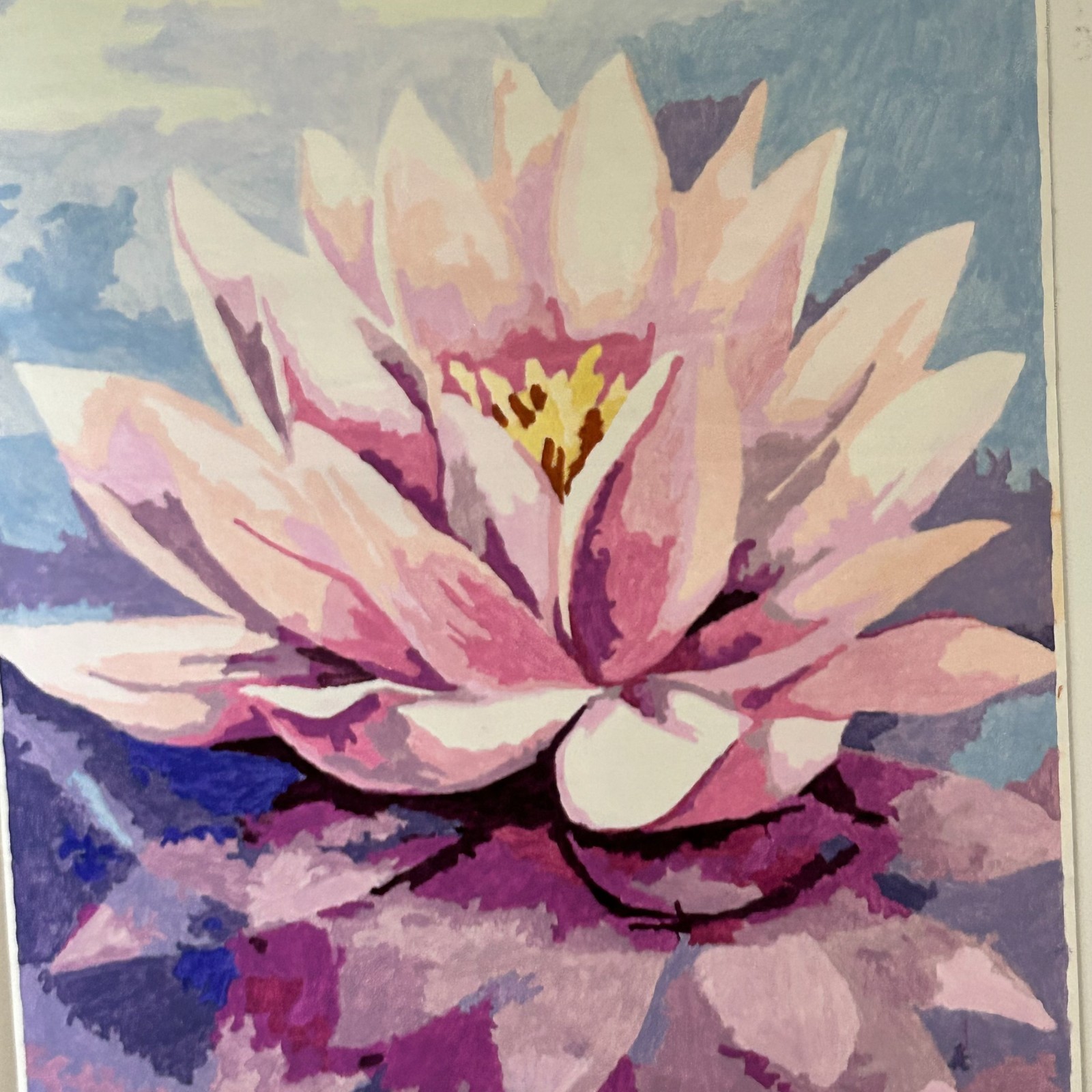 Acrylic Floating Lotus Flower Painting – 16″ x 20″ – Wood and leather frame