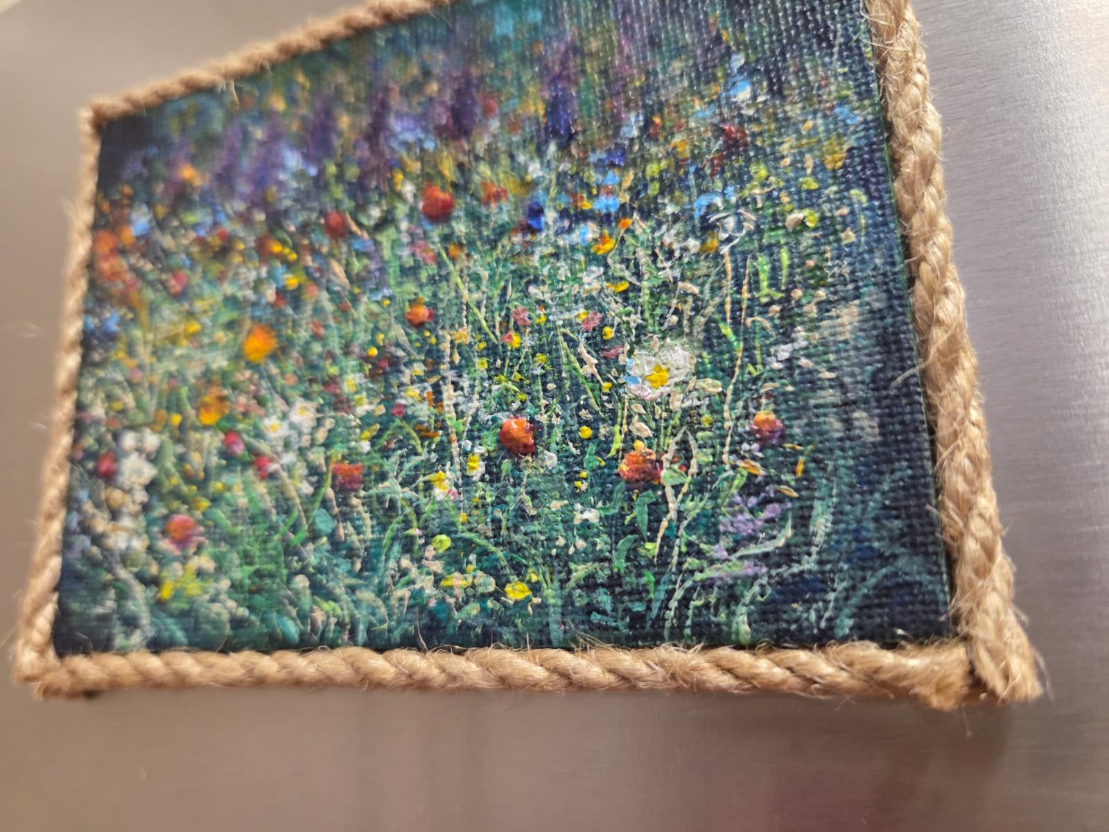Original Wildflowers Meadow Mini Canvas Acrylic Fridge Magnet Painting 4.2×3 In
