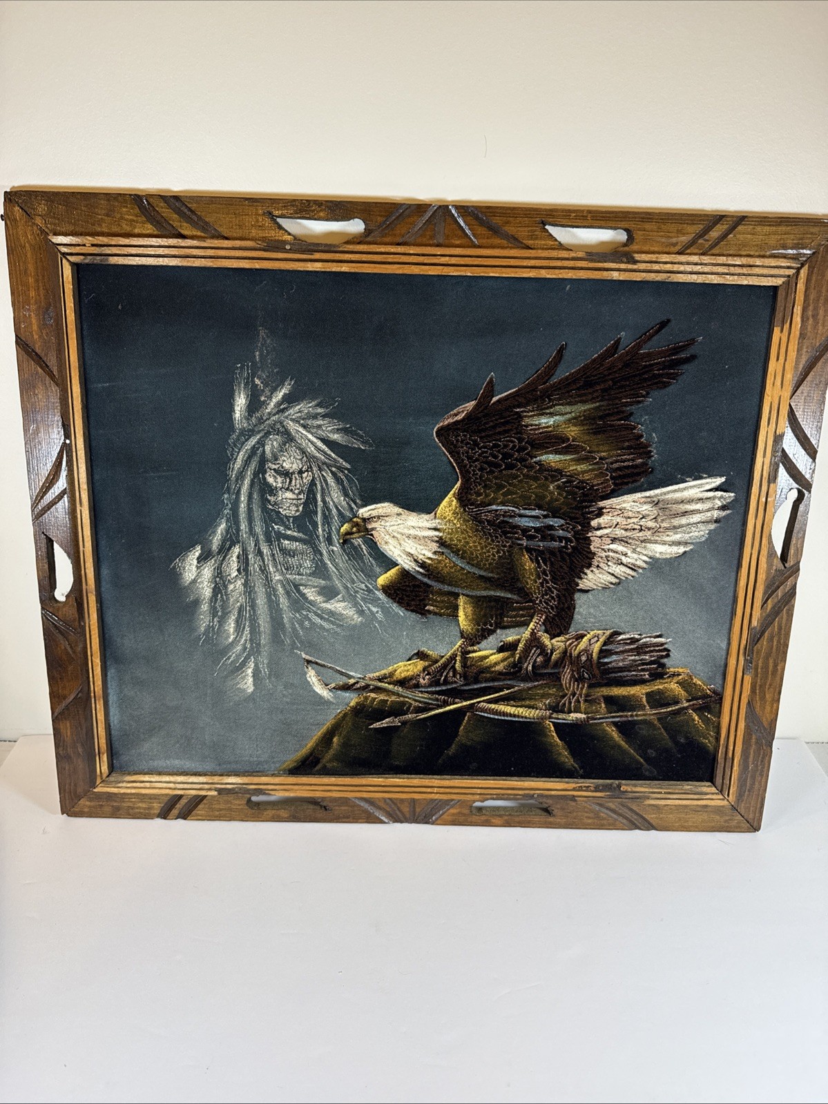 Vintage Black Velvet Painting Native American & Bald Eagle In Wood Frame