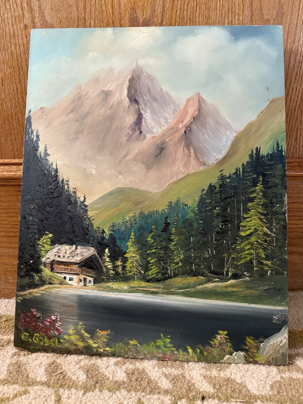 Unframed Oil On Board Mountain Landscape E. Gossl Darmstadt Germany 15” By 12”