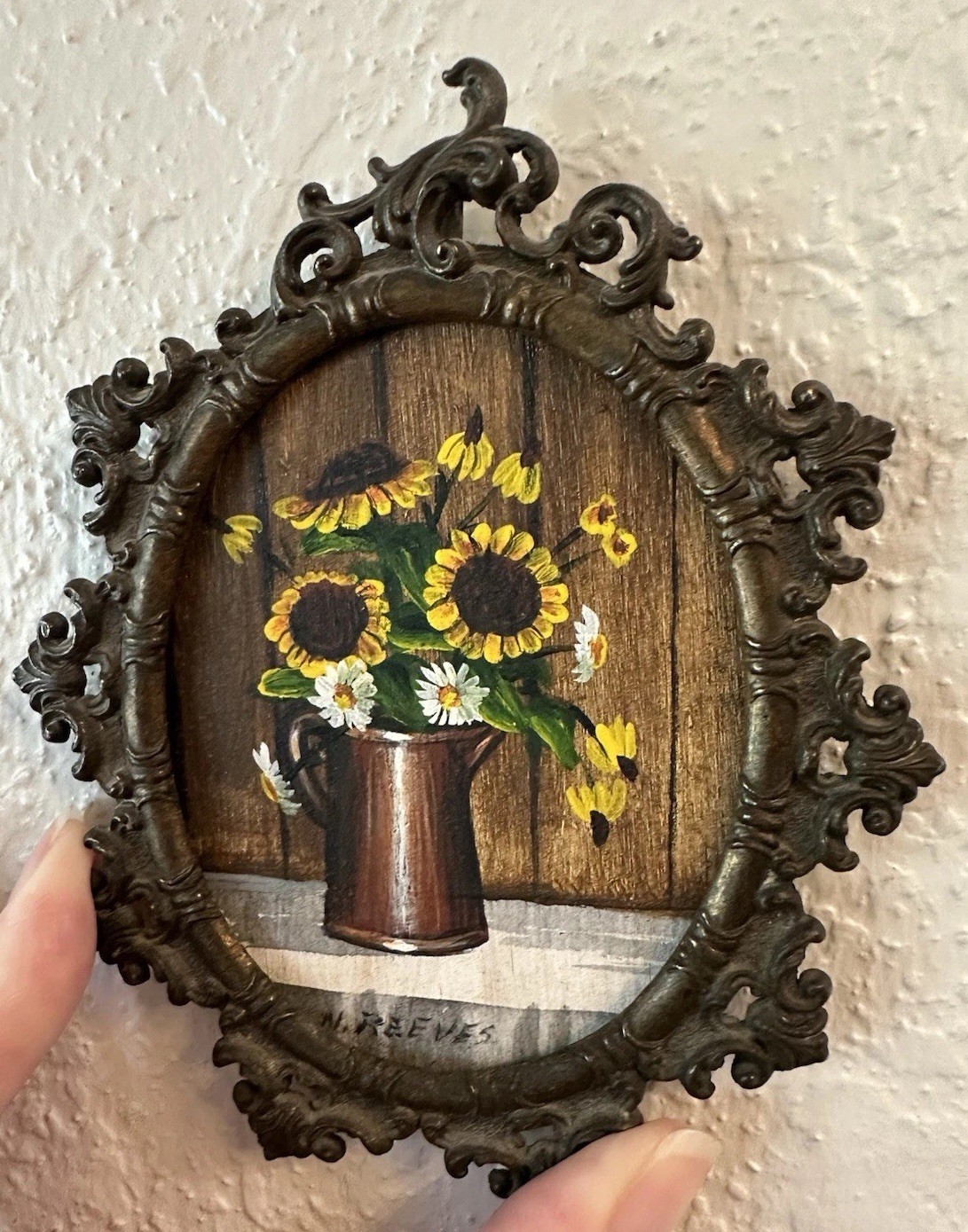 VTG signed ORIGINAL landscape mini painting in painted ornate frame Sunflowers
