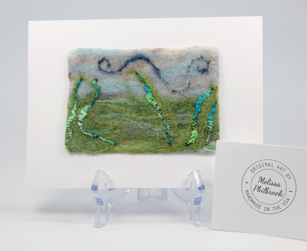 Wool Folk Art Painting «Windy Grass» Needle Felted Wool Card Melissa Philbrook