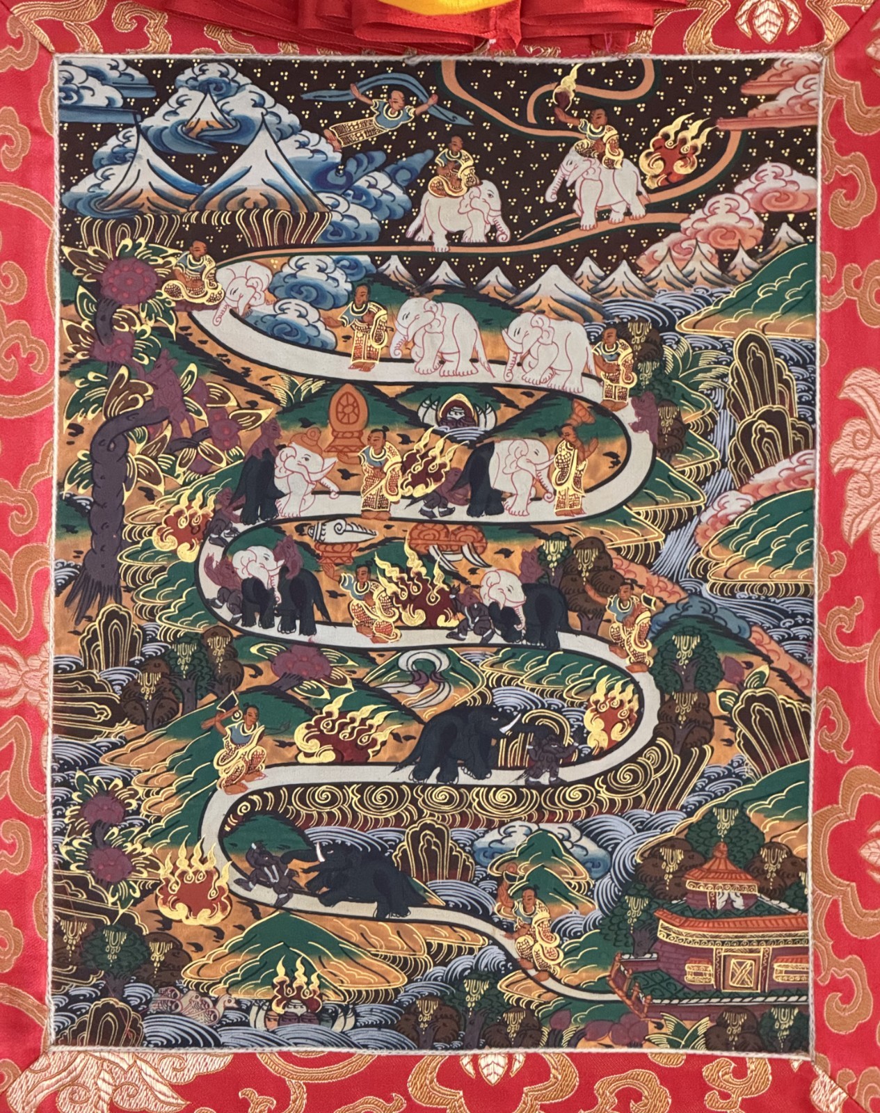 ELEPHANT PATH SAMATHA MEDITATION ORIGINAL TIBETAN THANGKA PAINTING SILK FRAMED