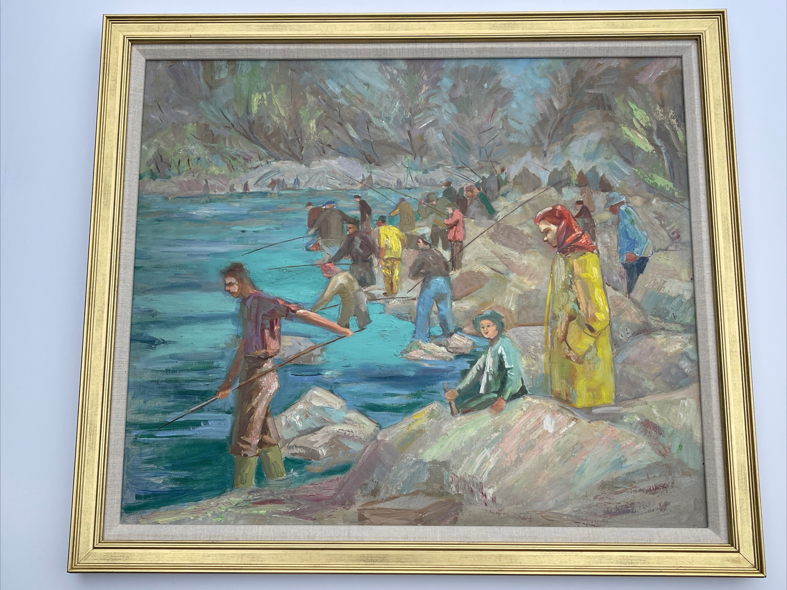 Fisherman painting people fishing mid century American Impressionism landscape