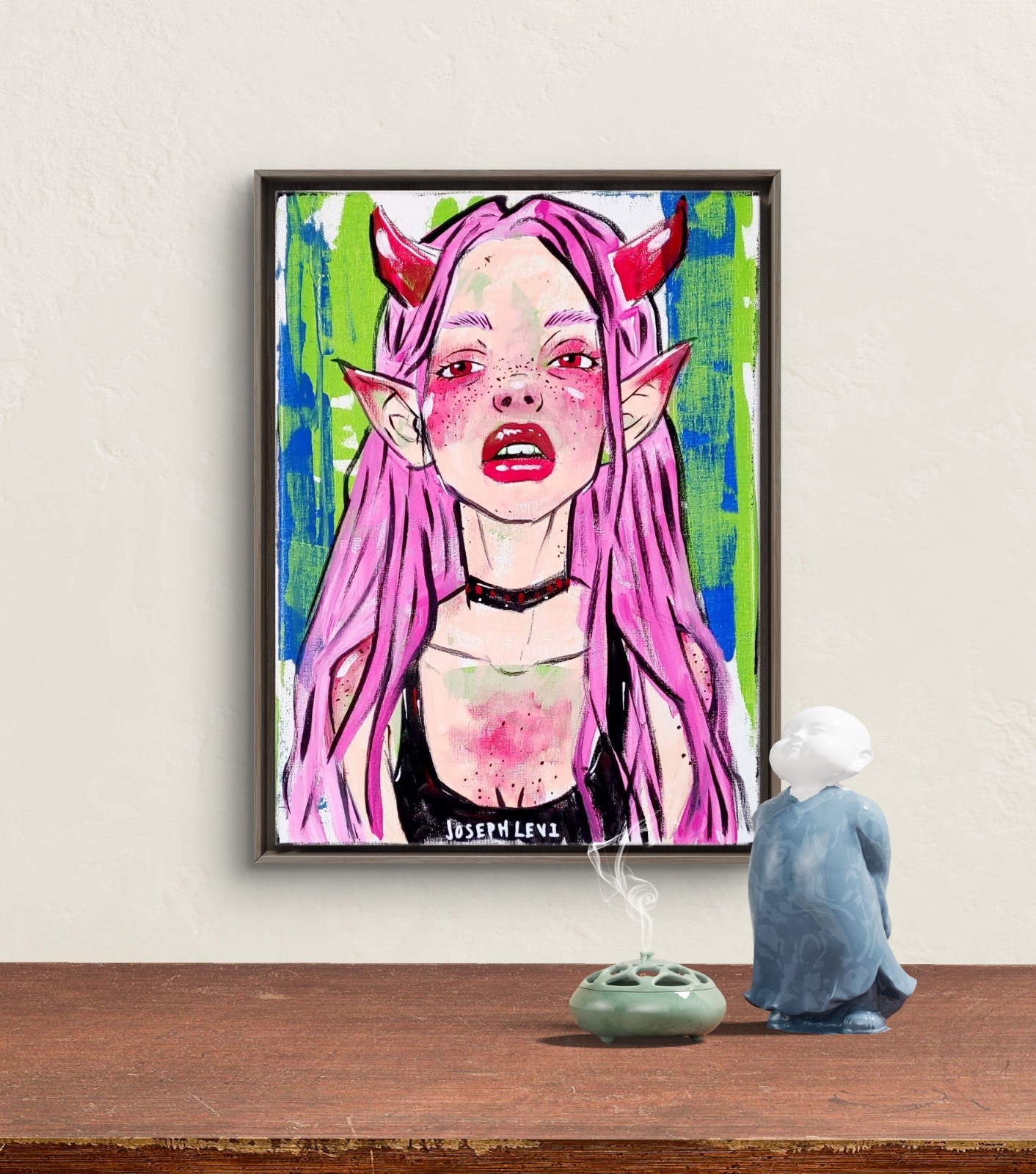 Multicolor Figurative Demon Woman 12×16 Hand Painted Wall Pop Art Acrylic Canvas