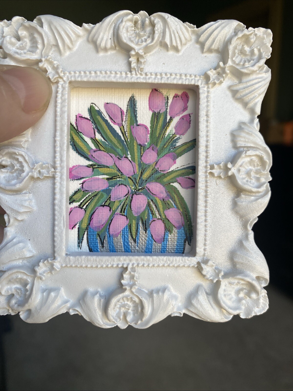 Flowers,tulips,Original Painting On Paper,3/3,5 framed,miniature,small,mini