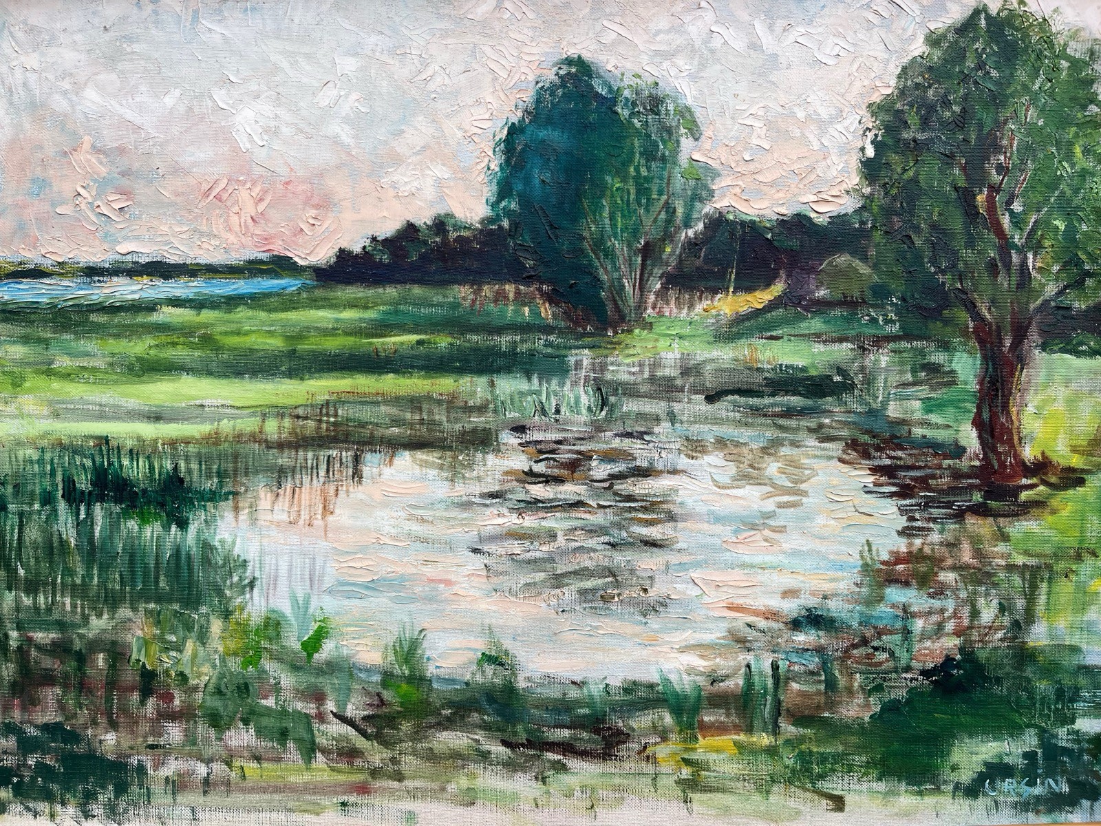 Impressionist Summer Landscape Fields Lake Trees Sky Oil Painting Denmark