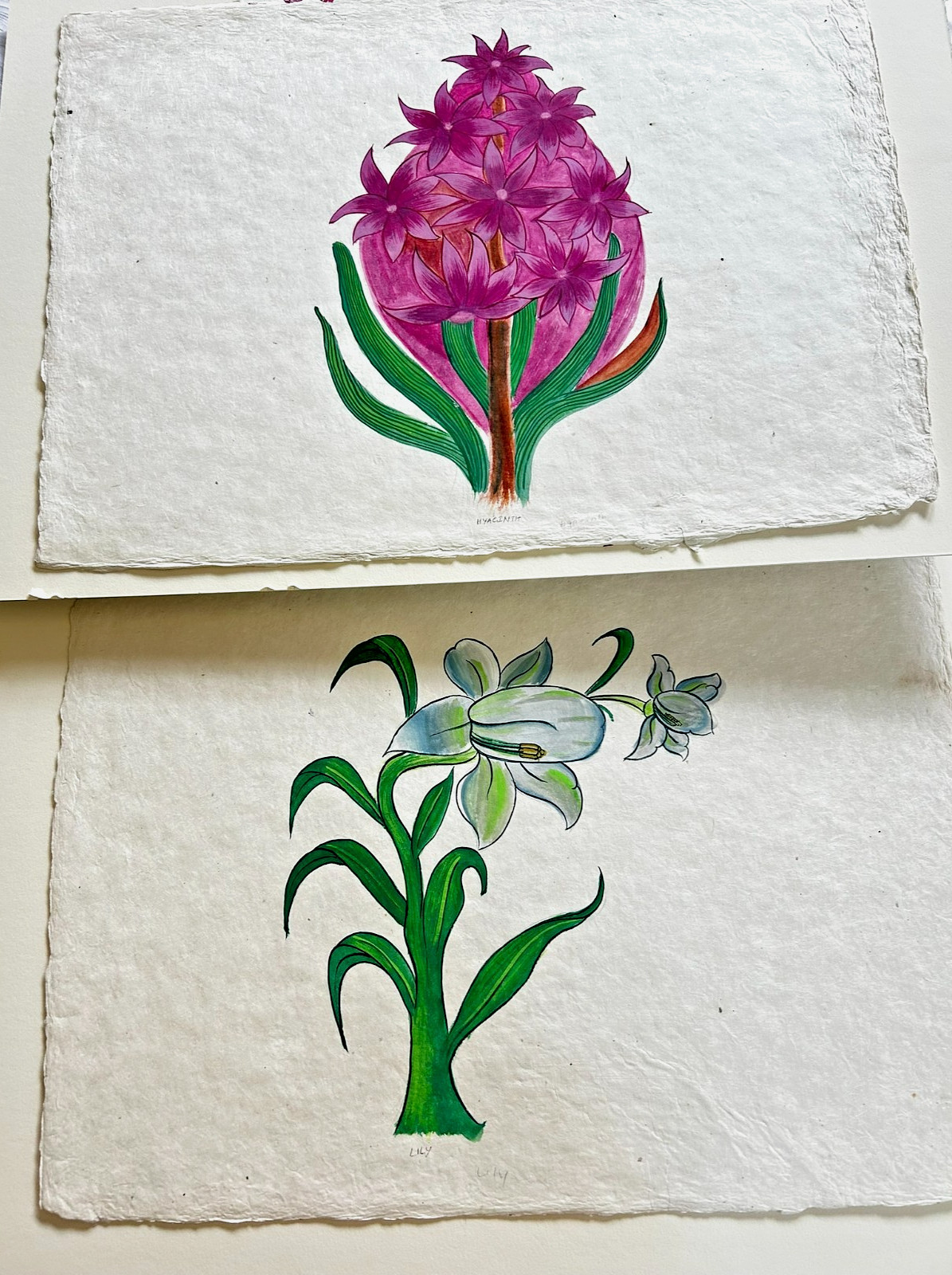 SET 2 Vtg/Original/Handmade Paper/Floral/Lily/Hyacinth Painting Chinese 14×18»