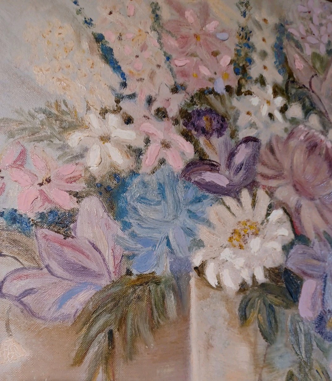 Vintage Original Oil Board FLORAL PASTELS Painting Signed Shabby Cottage Chic