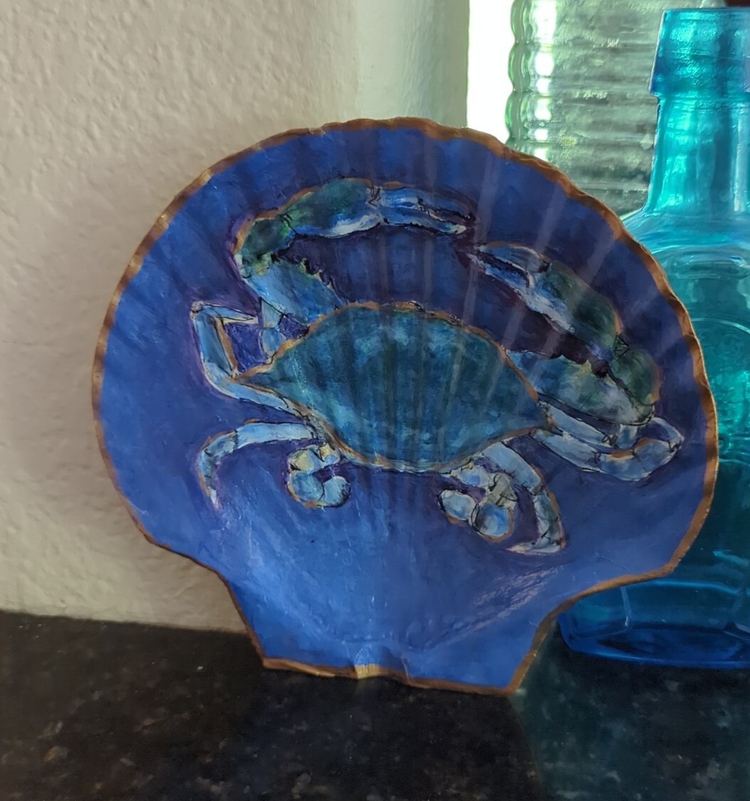 Hand Painted Art Blue Shell Crab on Scallop Seashell RAMFISH Artist