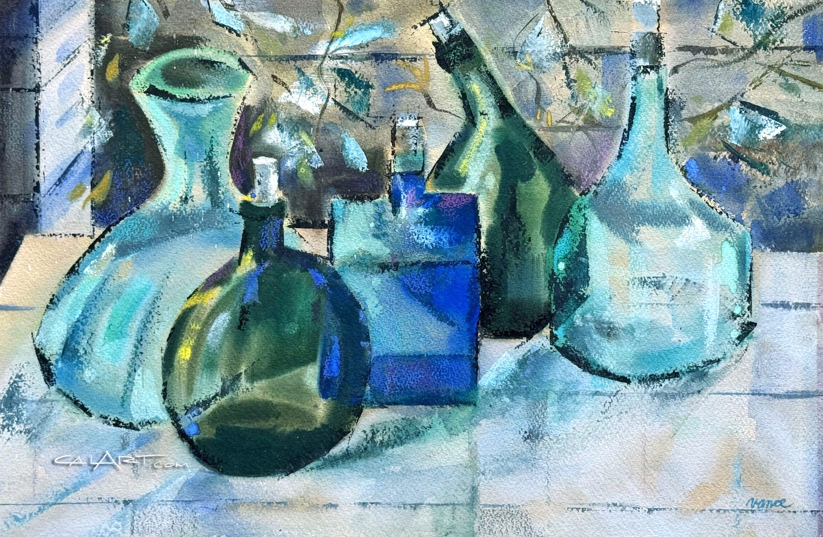 1950s Still Life Bottles ABSTRACT MODERNIST Watercolor Painting by JAMES VANCE