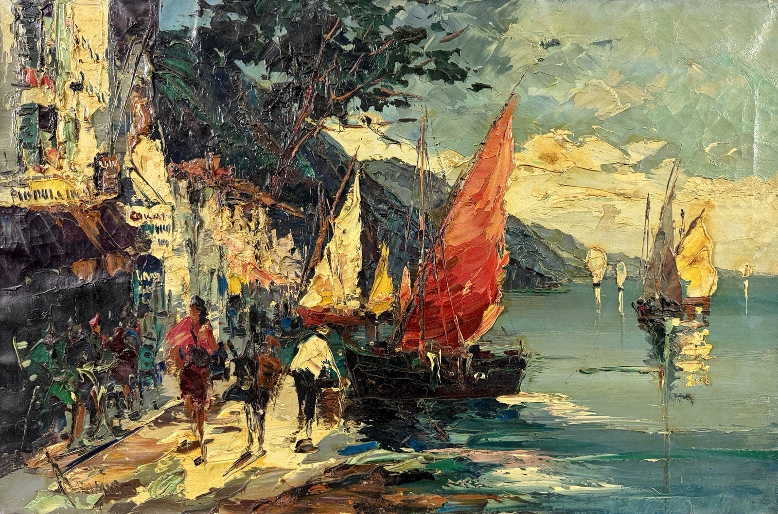 European mid 20C, Aevum, Vintage Oil Painting, Harbor Scene with Sailboats