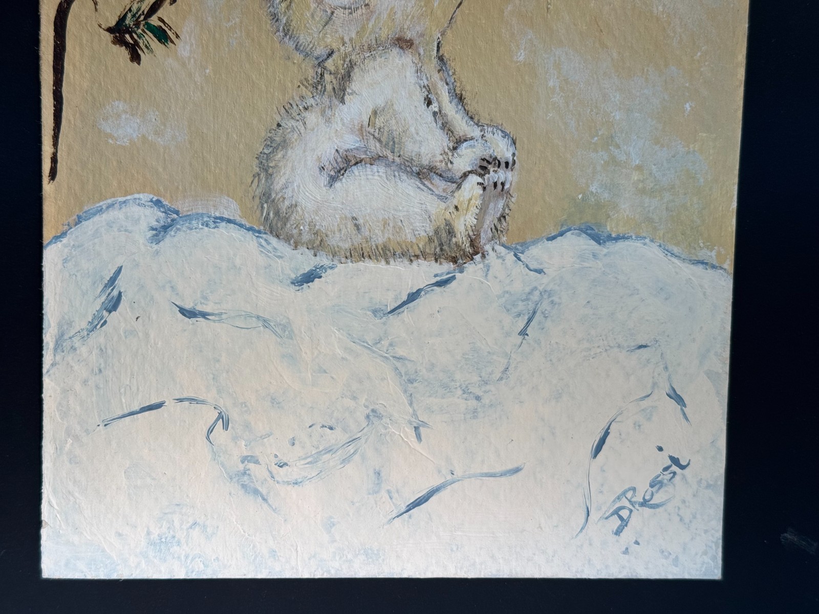 D. ROSSI OIL PAINTING HAPPY SMILING BABY POLAR BEAR CUB WINTER SPRING SNOW TREE