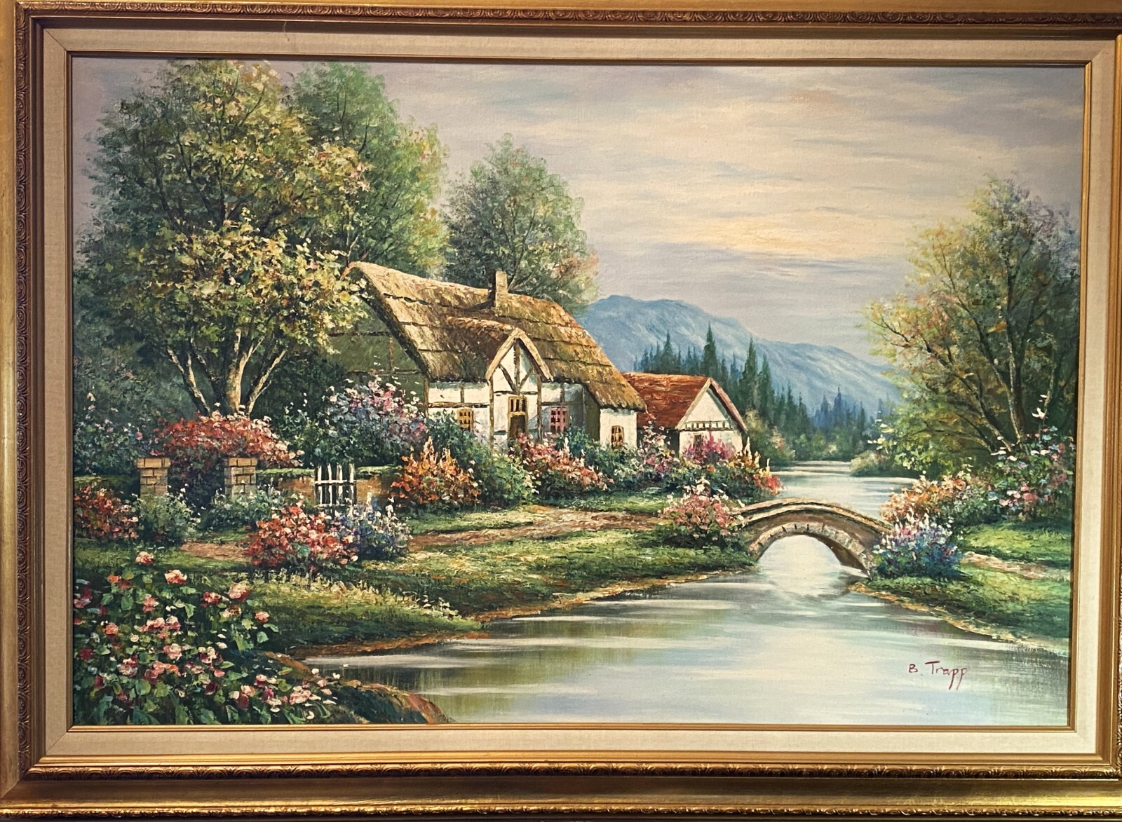 Charming Original Large Textured O/C «English Cottage River Scene» By B. Trapp!