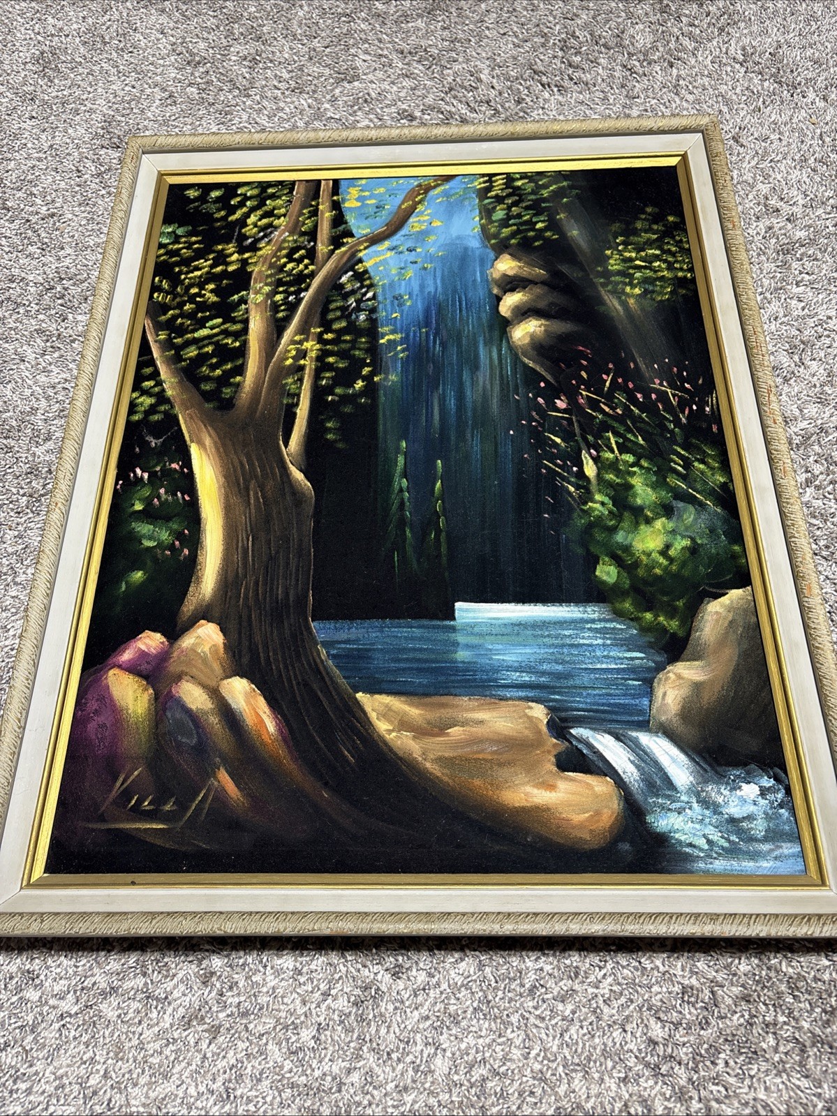 Vintage Signed Black Velvet Painting Waterfall Jungle Tiki Art 28×22 Villa 70’s