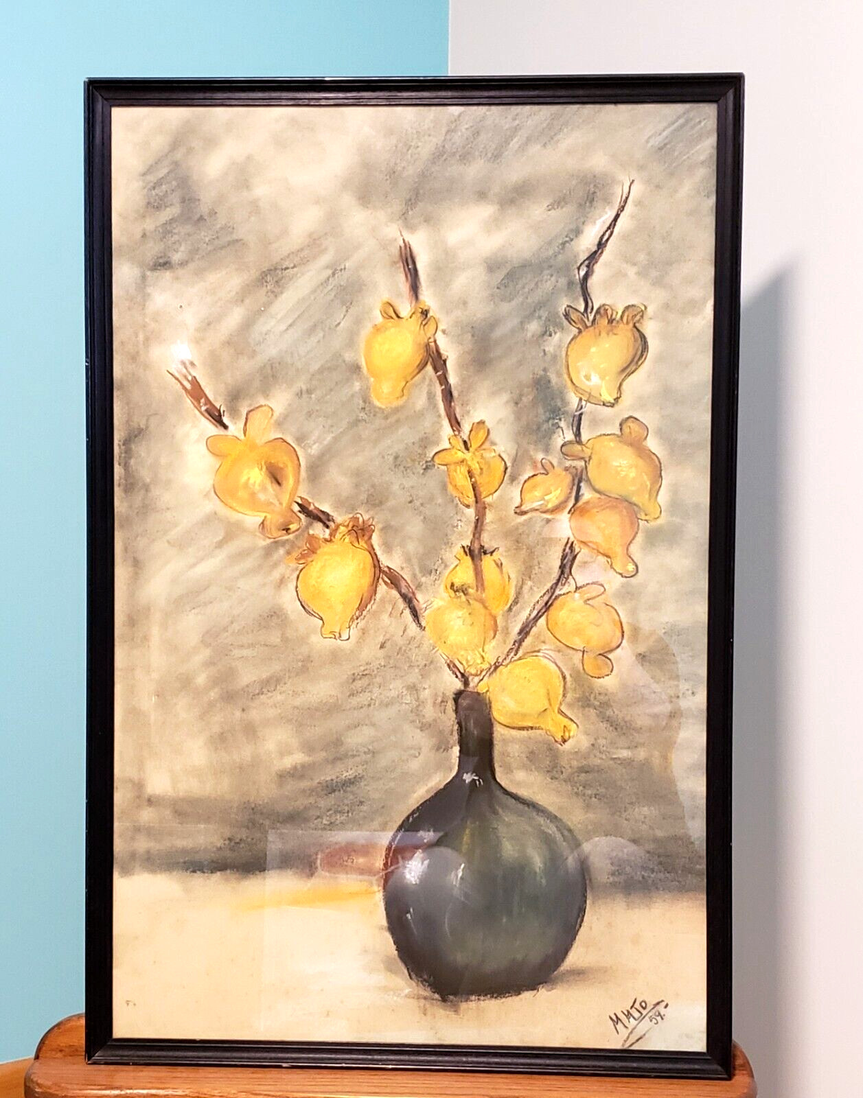Vintage 1959 Floral Still Life Original Pastel on Paper Signed and Framed 33×21