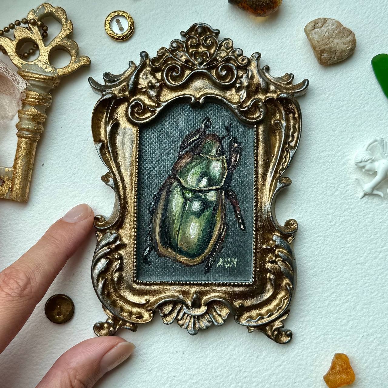 Beetle Painting Original Oil Signed Insect Bug Entomology Gold Frame Small Art