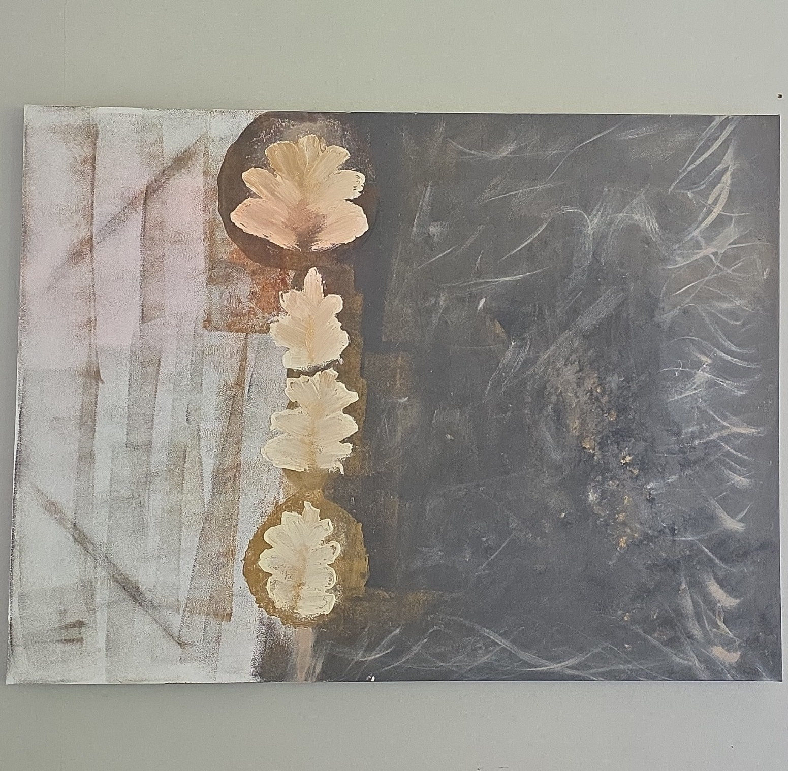 Abstract Floral Painting Gray Tones with Cream Flowers – Single Piece Art