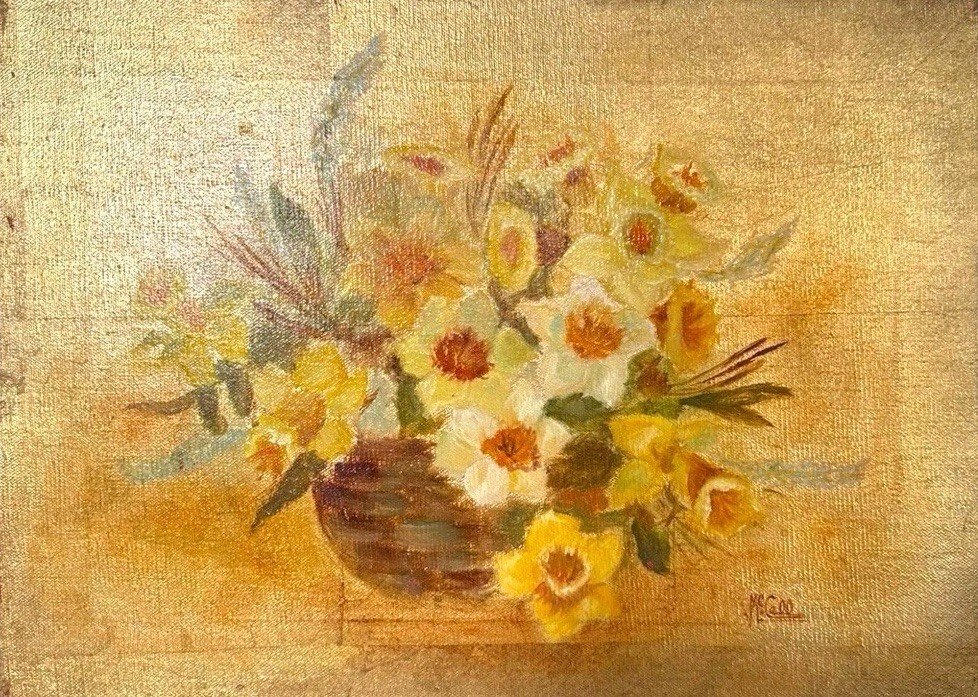 Floral Oil Painting Daffodils Vintage Golden Still Life Canvas Wall Art