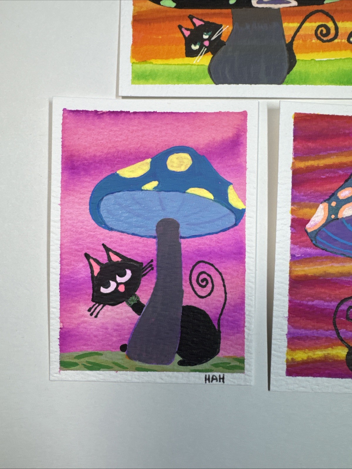 ACEO Set Of 3 Mixed Medium Mini Paintings Abstract Cats With Big Mushrooms