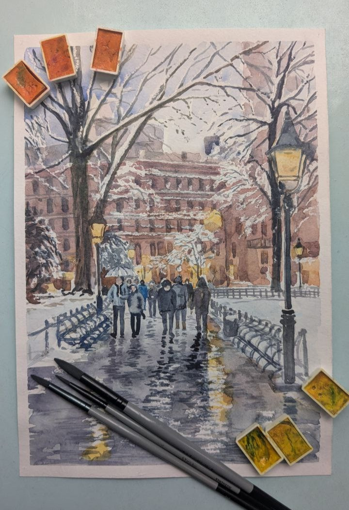 Urban Winter Evening City Watercolor Painting Snowy Road Street Lights A4 Art