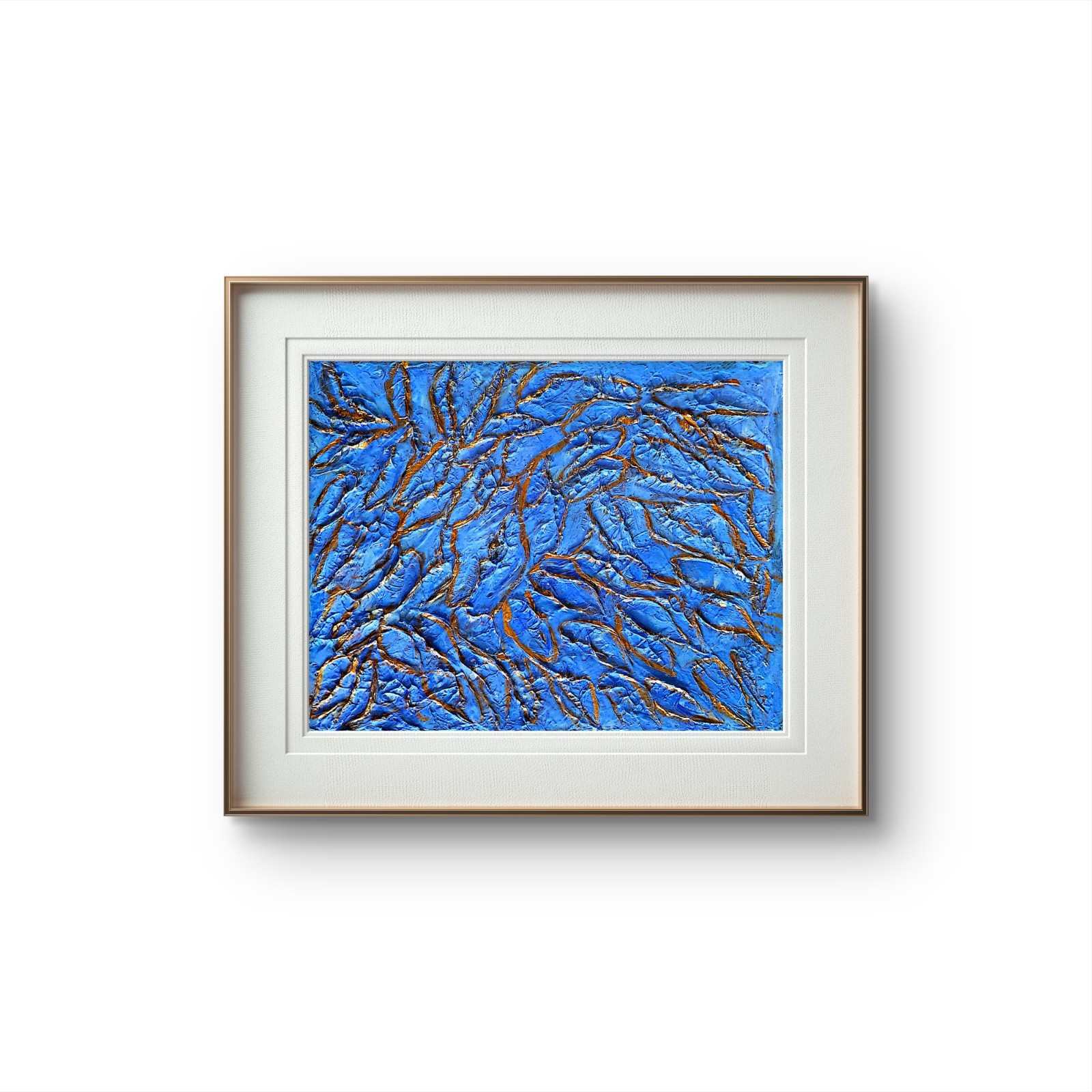 Blue Textured Abstract with Metallic Copper Accents – Original 14×11