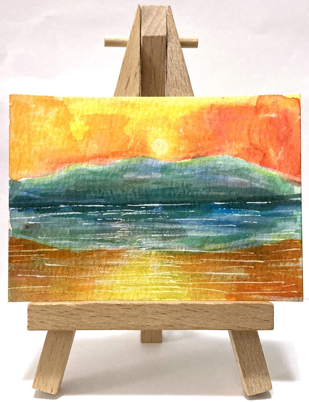 Sunset Sky Water Original ACEO Mixed Media Illustration Painting amylenore