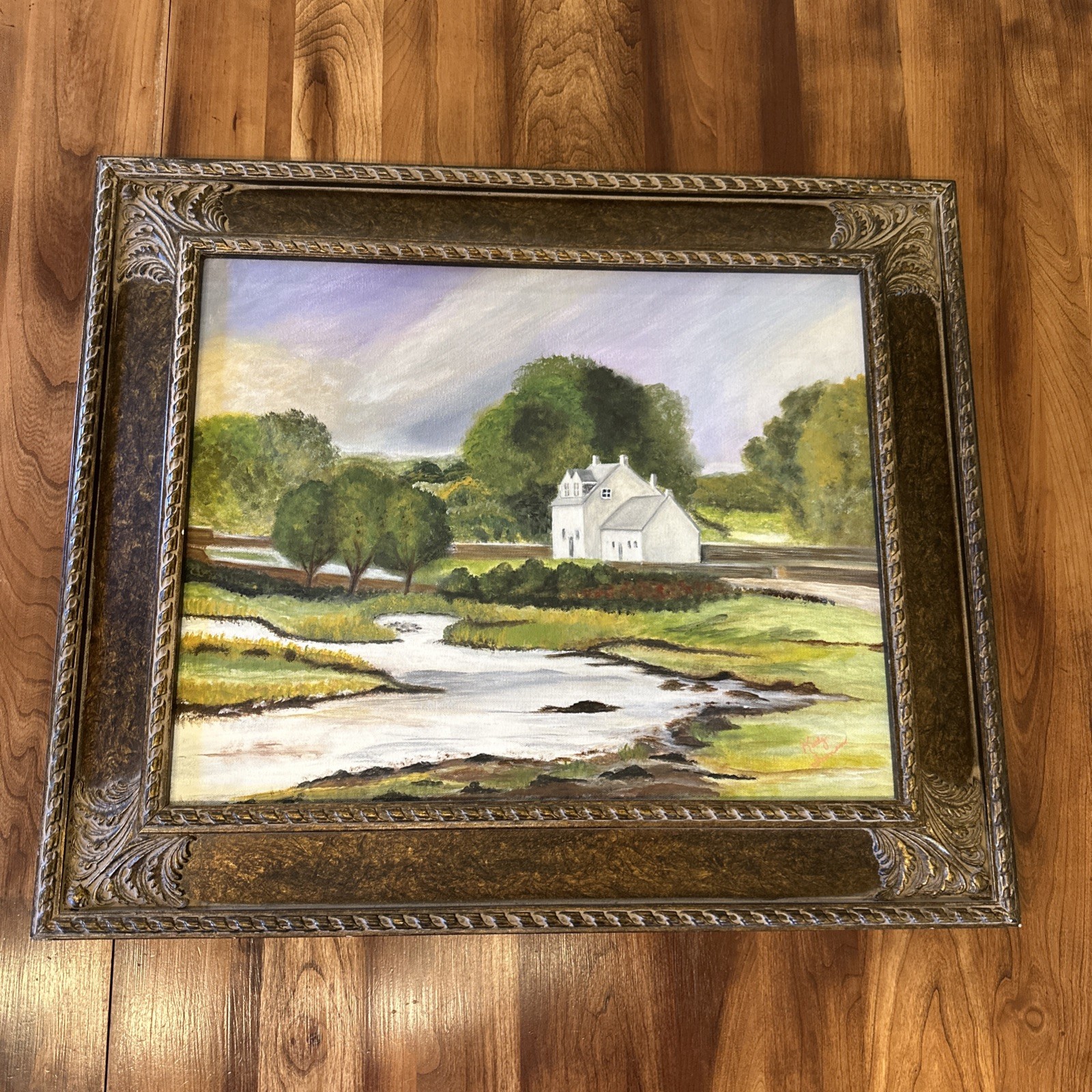 Vintage Painting on Canvas Cottage Country Stream Landscape Signed 26 X 22”