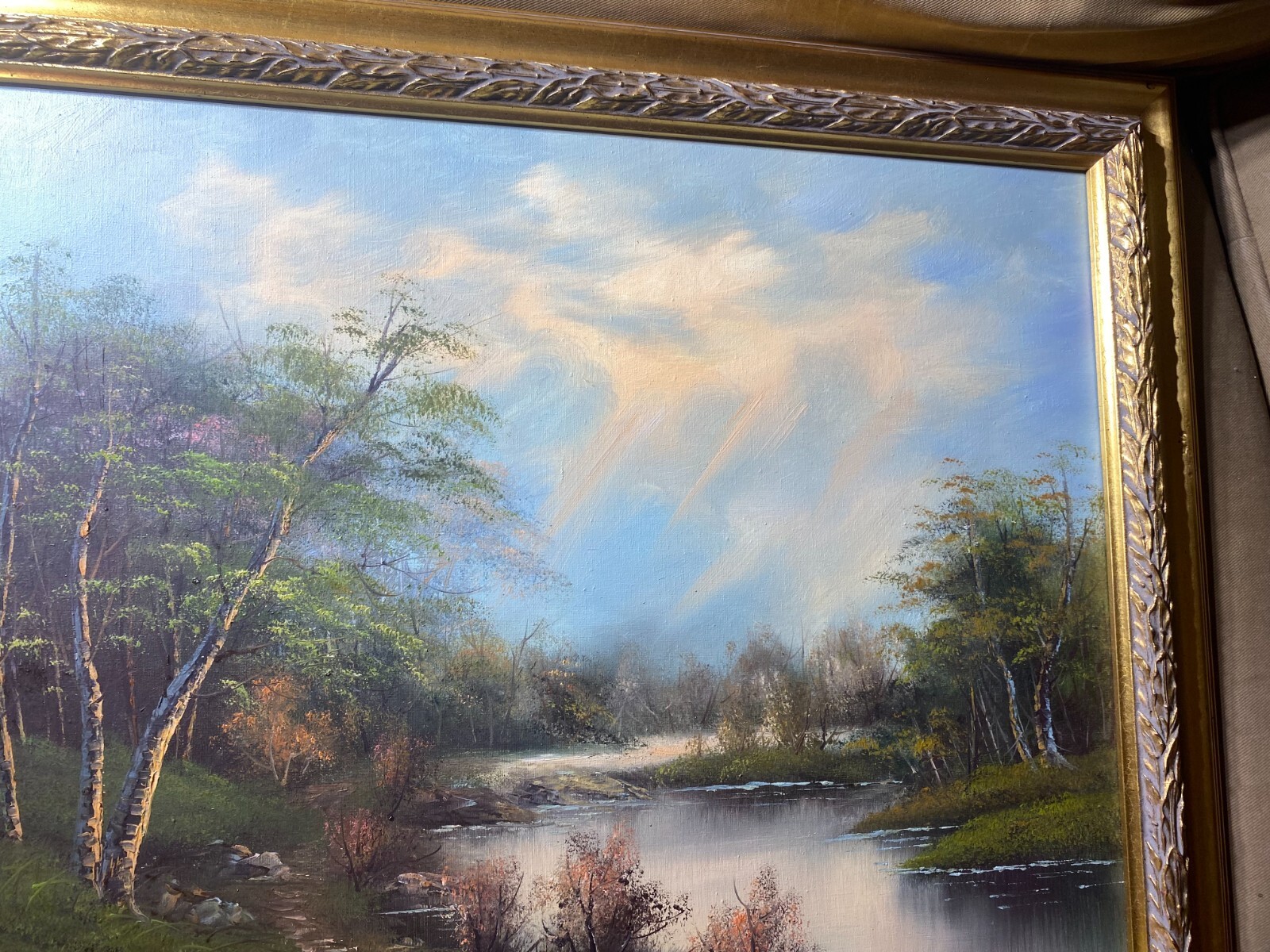 «River And Forest Landscape Scene» Oil On Canvas Painting – Framed