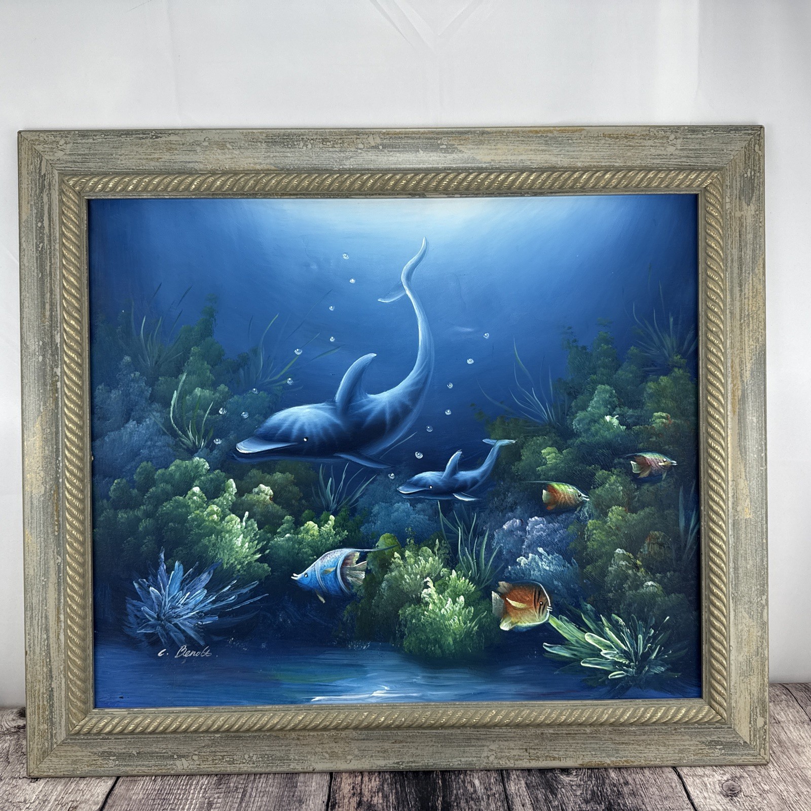 C. BENOLT SIGNED VINTAGE ORIGINAL PAINTING OIL ON CANVAS 24”x20”FRAMED DOLPHINS