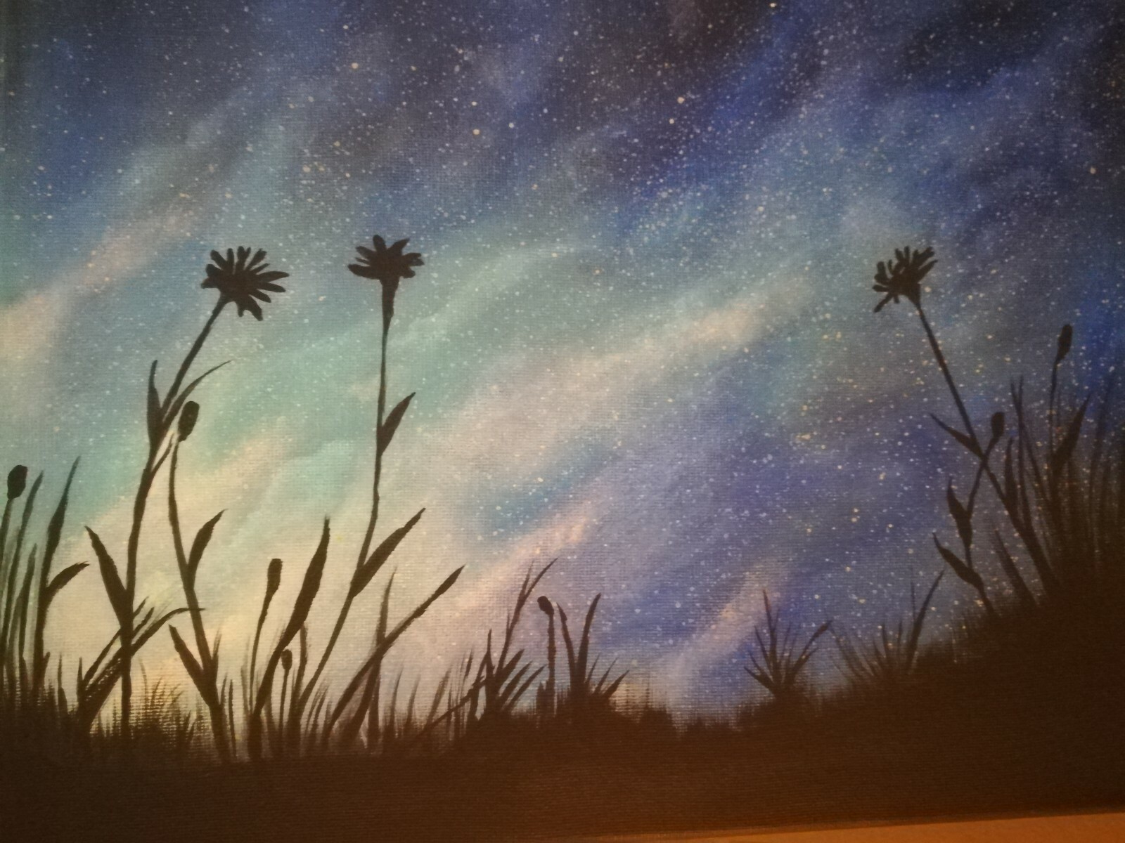 Galaxy Painting With Beautiful Flowers Acrylic / cosmos / sky