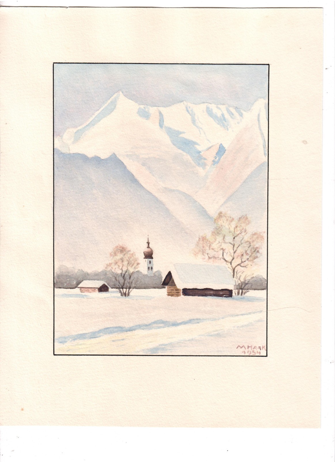 St1-watercolor M. Haak signed Winter Landscape in the Mountains 1954
