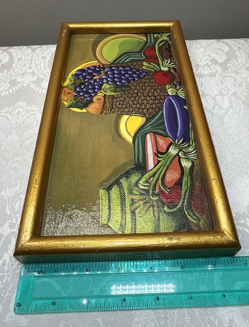 Signed MG Peace Haitian Folk Art FRUIT Acrylic on Board Painting 13” In Frame