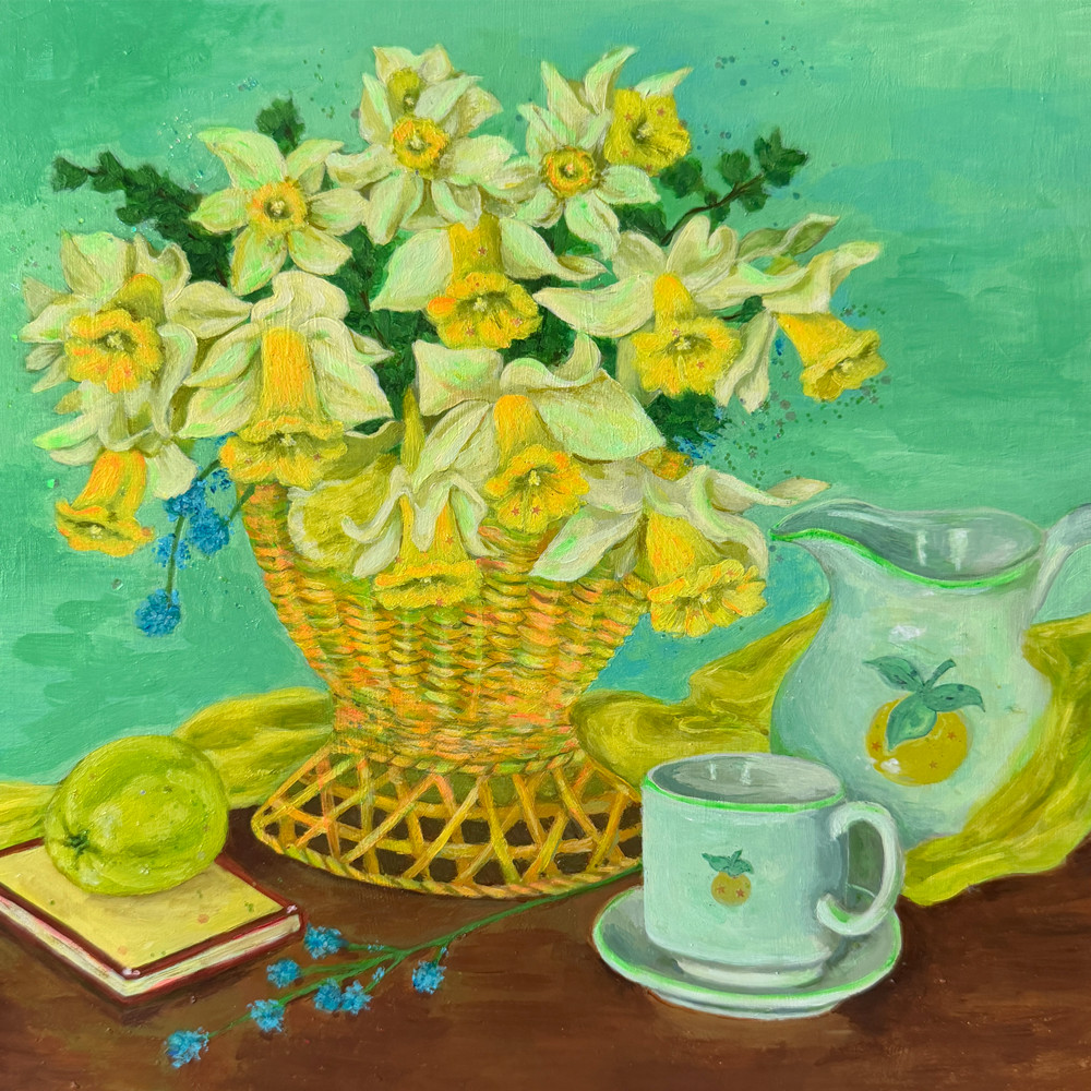 Basket of Daffodils Original Acrylic Painting 12×12 on Wood Panel