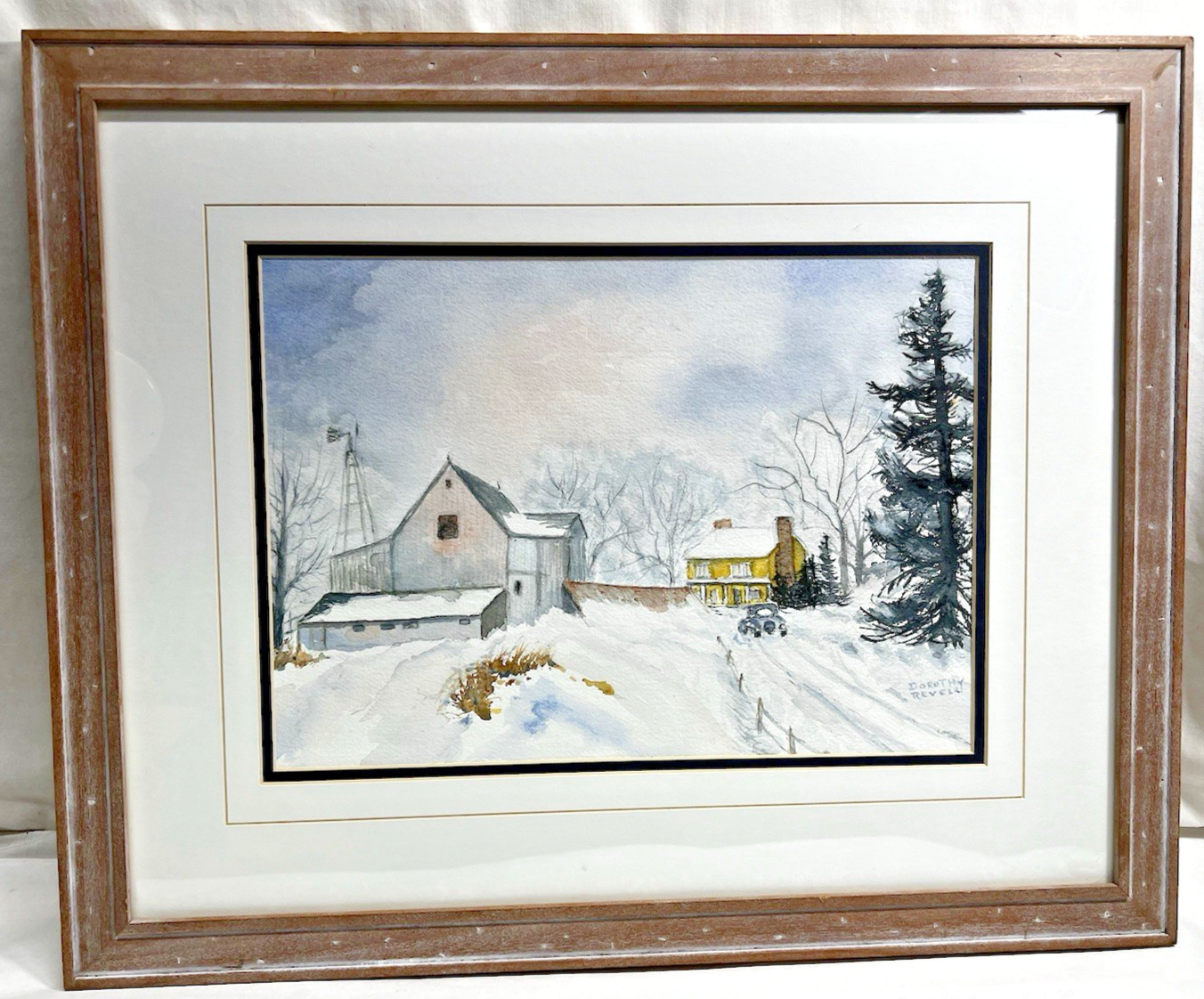Vtg Dorothy Revell framed matted signed 22×18 watercolor pnting farmhouse & barn